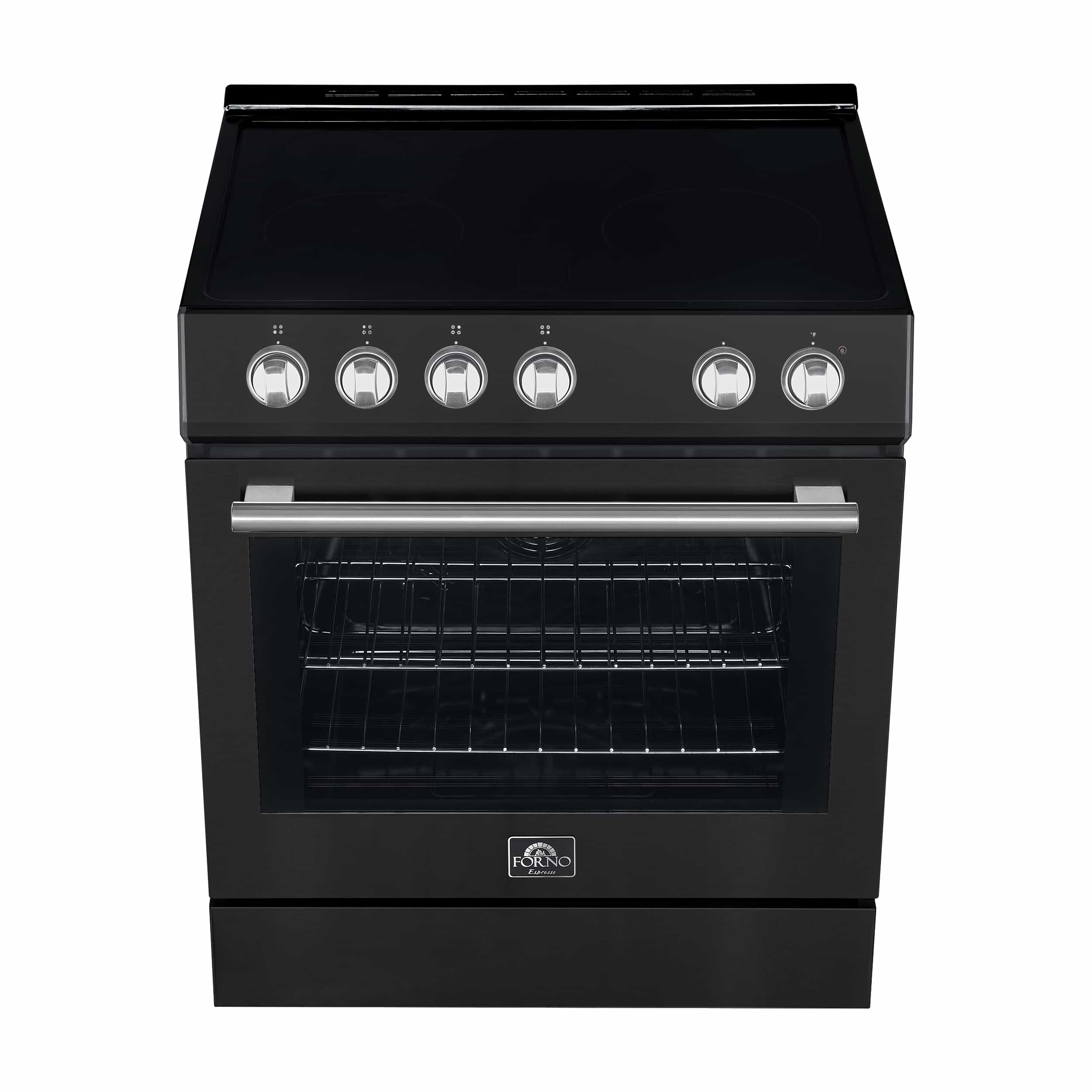 Black electric range with stainless knobs and oven window, single oven door closed