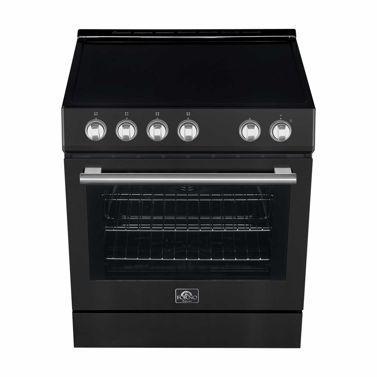 Black electric range front view with stainless handle and burner knobs.