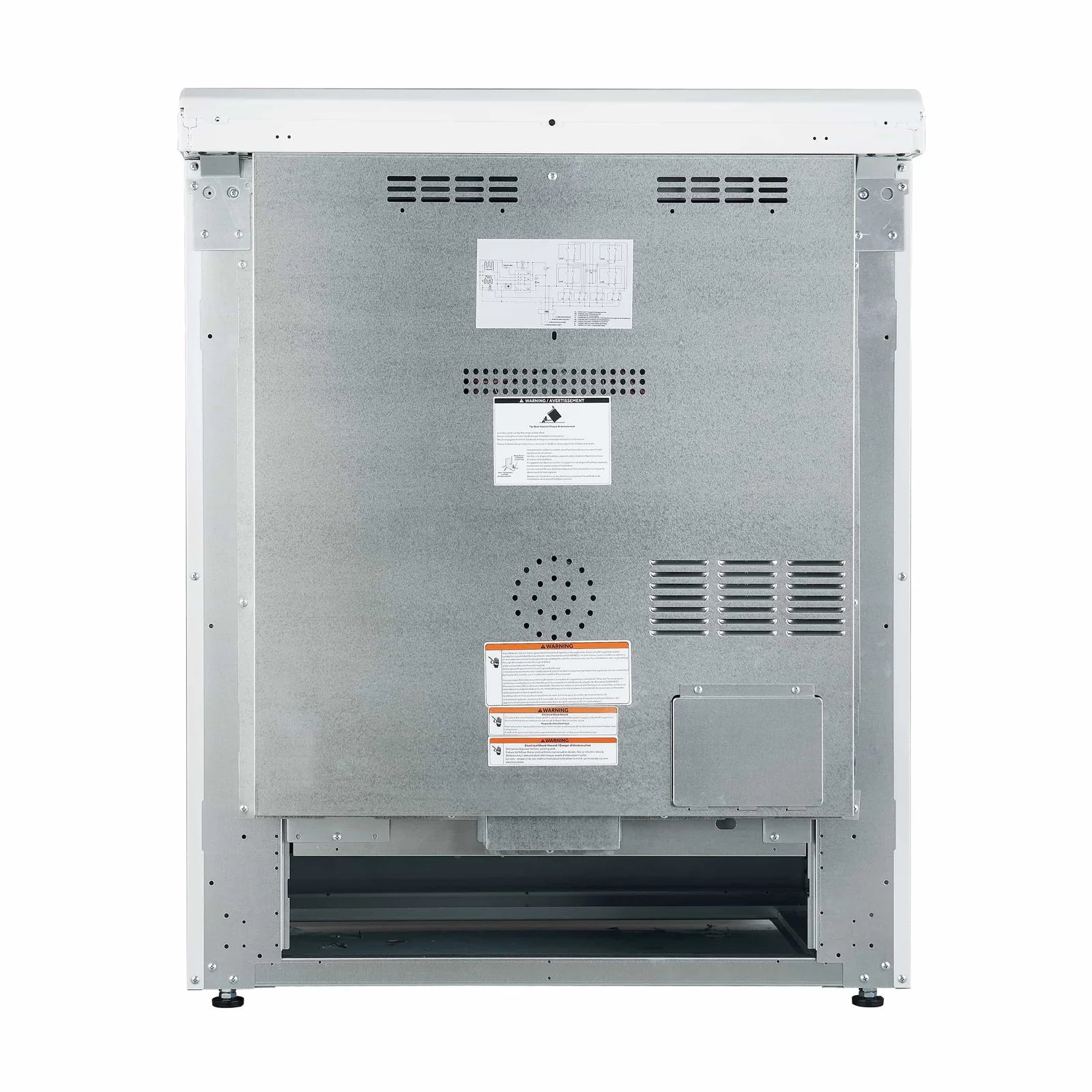 Back view of white electric range showing access panels and ventilation openings