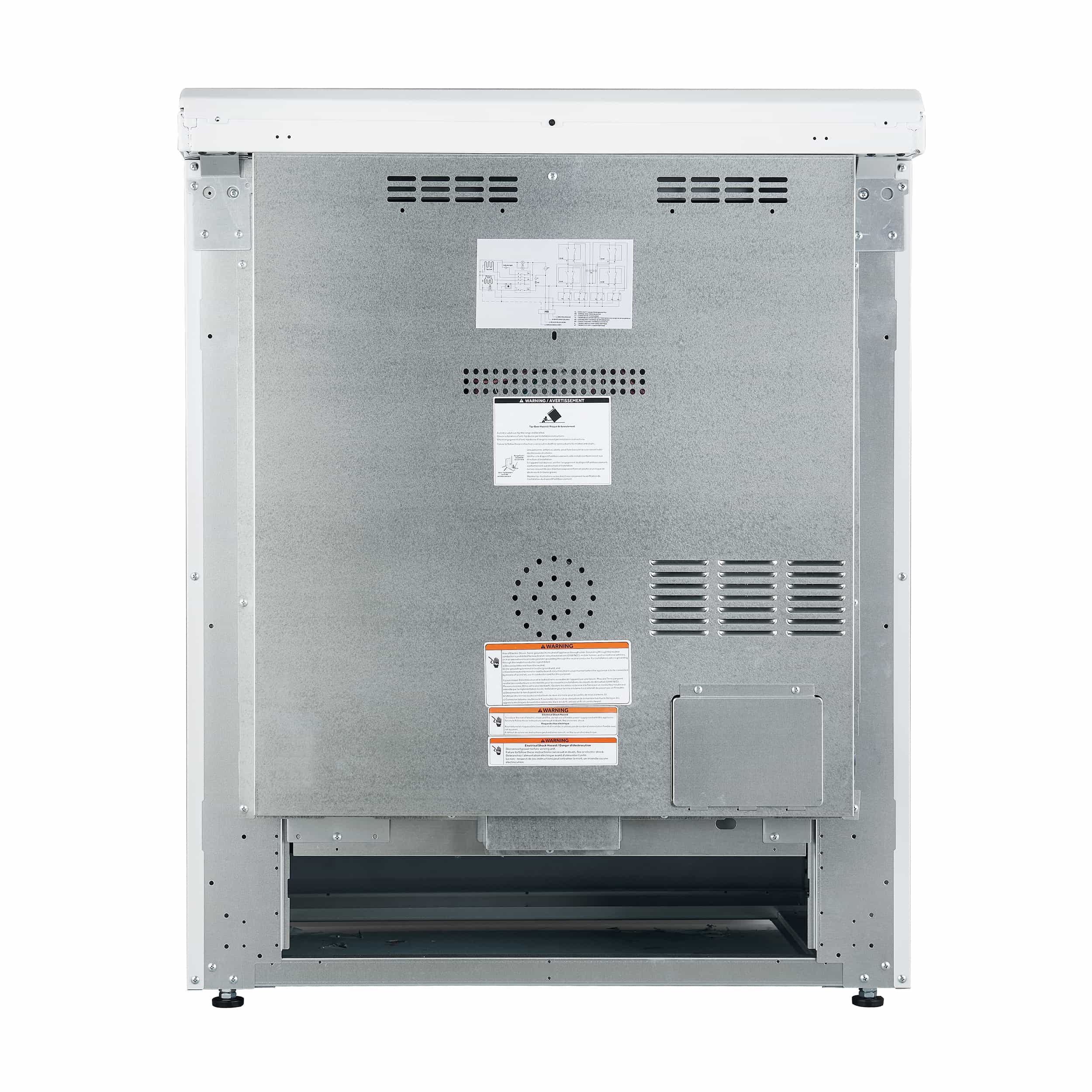 Back view of white electric range showing ventilation openings and service panels