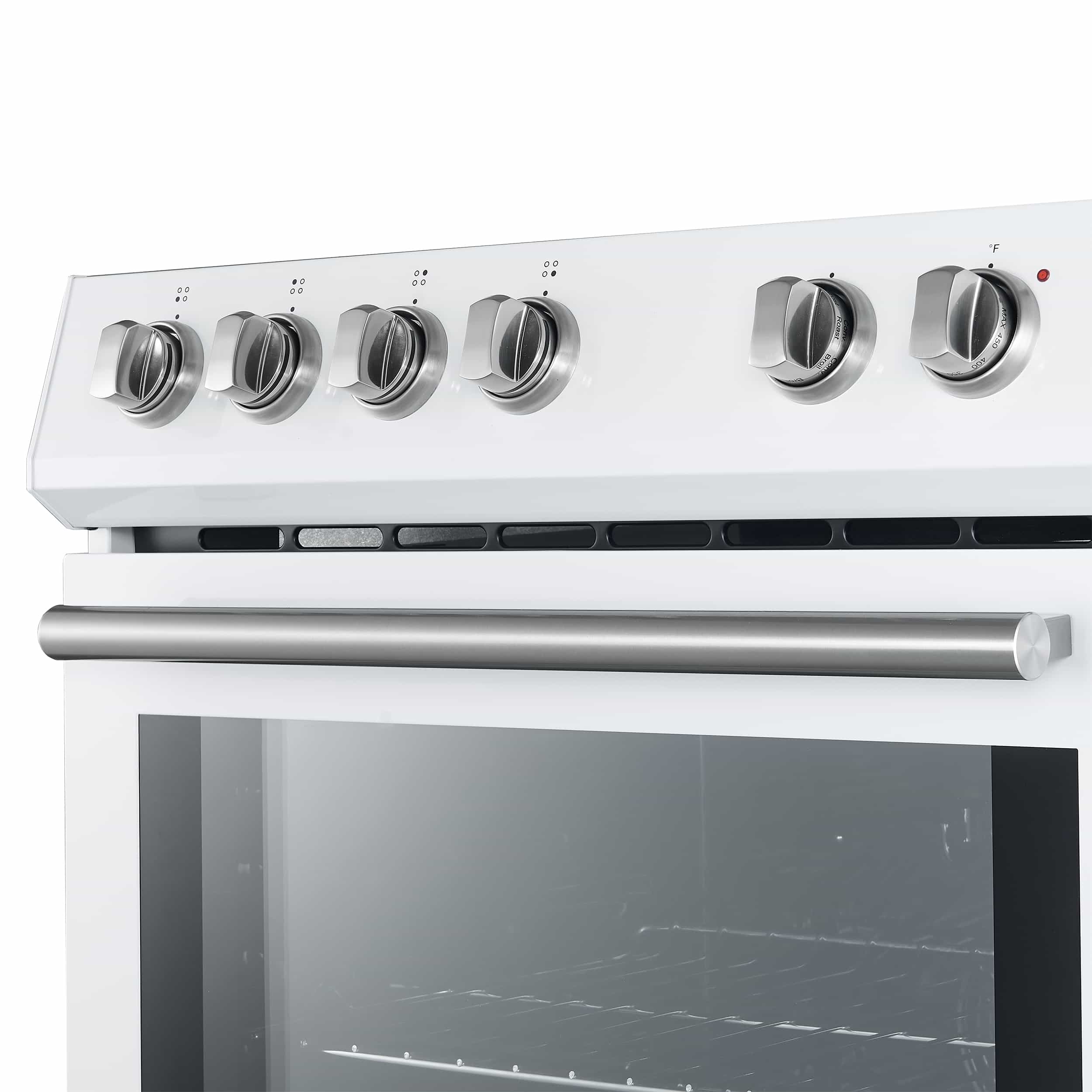 Stainless and white electric range cooktop with control dials and black glass surface