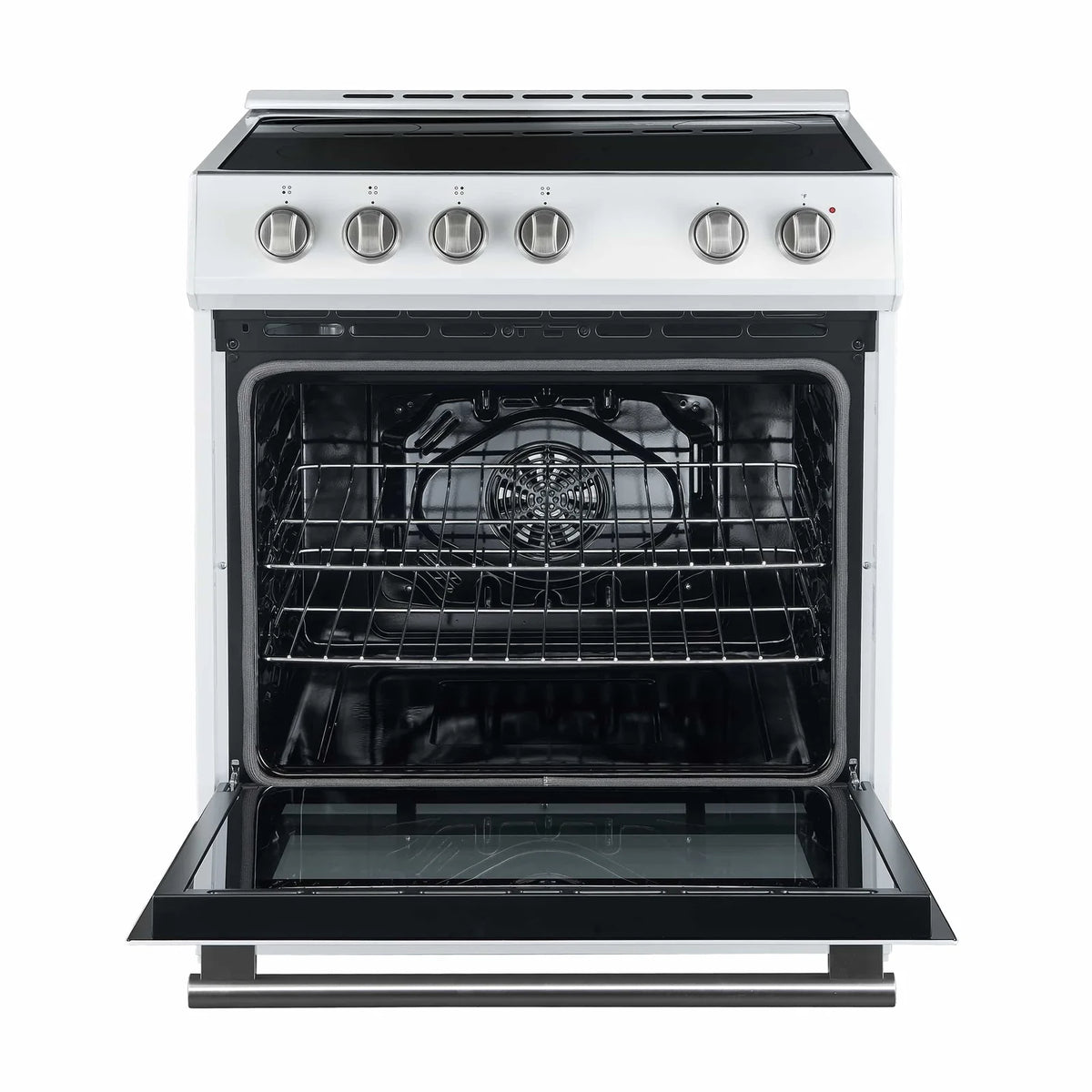 White electric range oven door open showing wire rack and fan-style burner