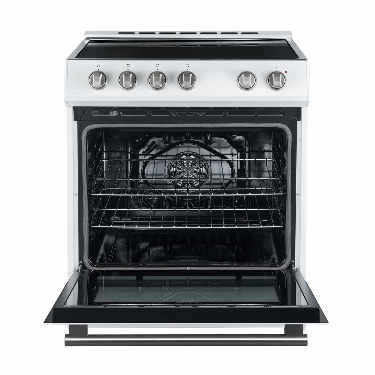 White electric range with oven door open and visible interior fan and racks