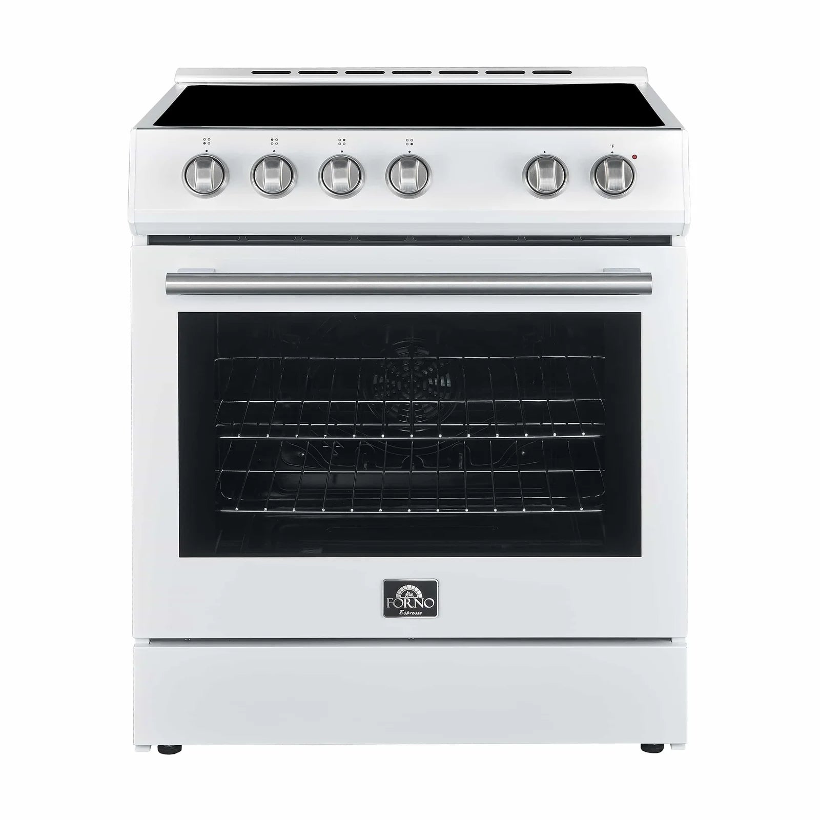 White electric range with black cooktop, stainless trim, and closed oven door
