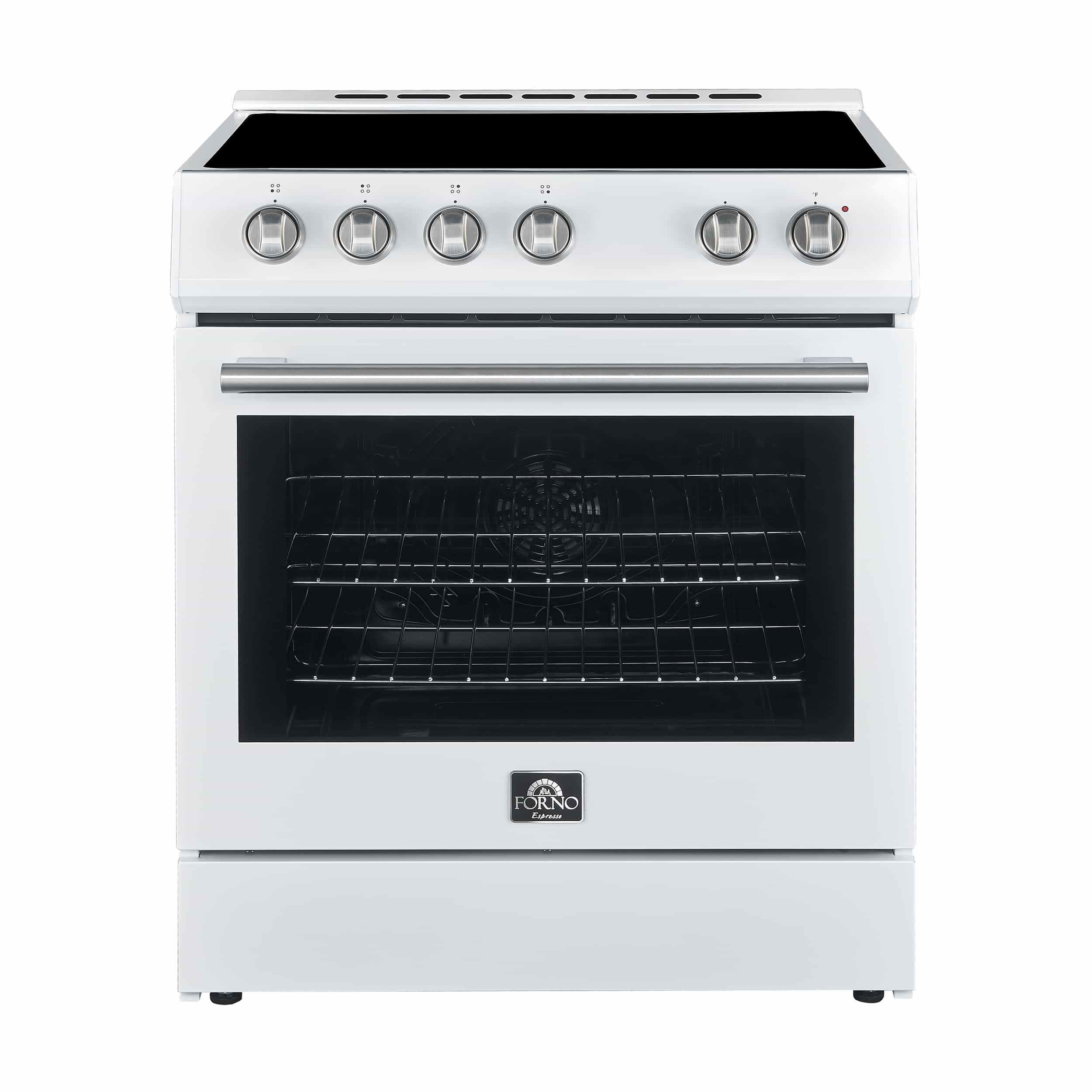 White electric range front with stainless handle, control knobs, and black oven window