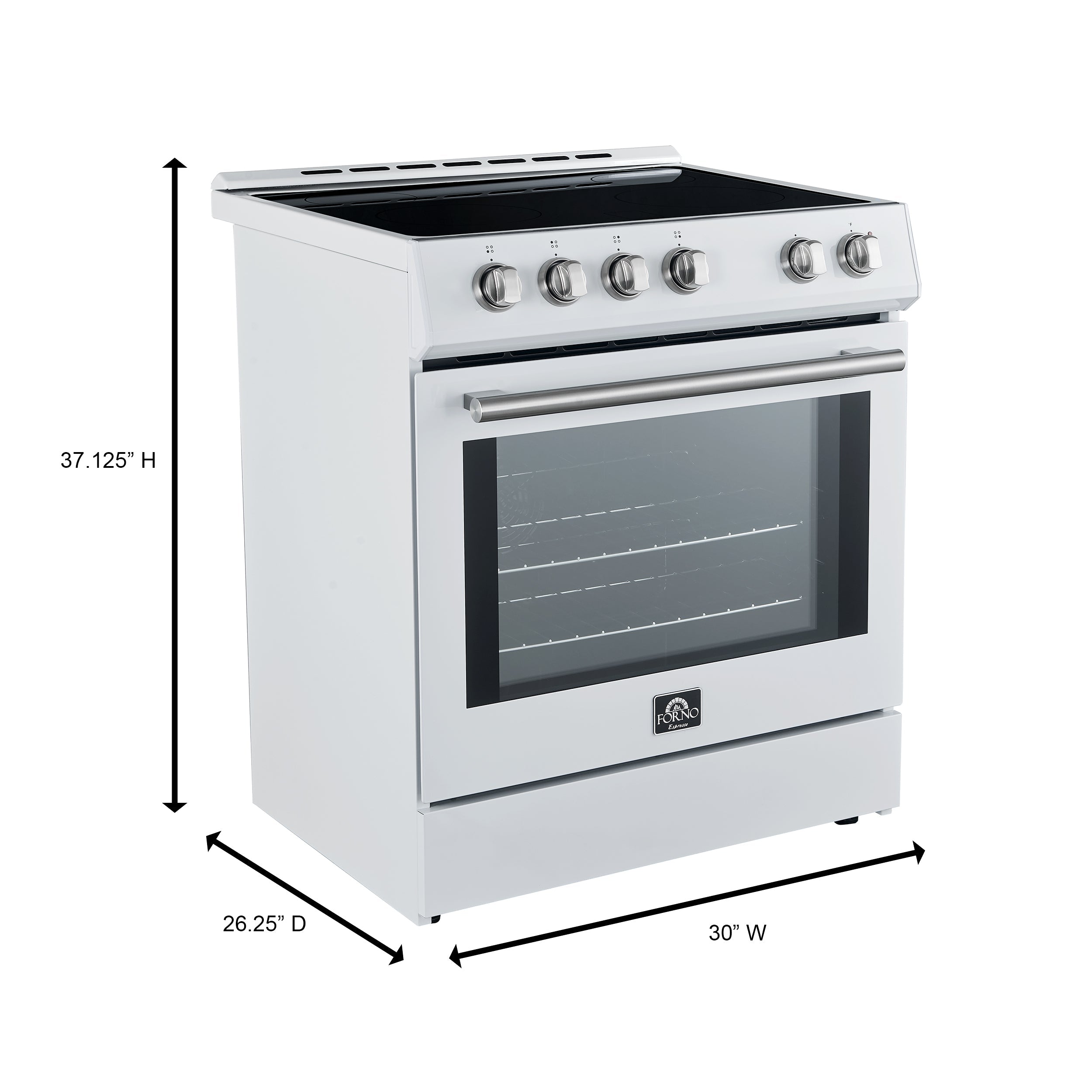 White 30-inch induction range with glass oven door and stainless control knobs