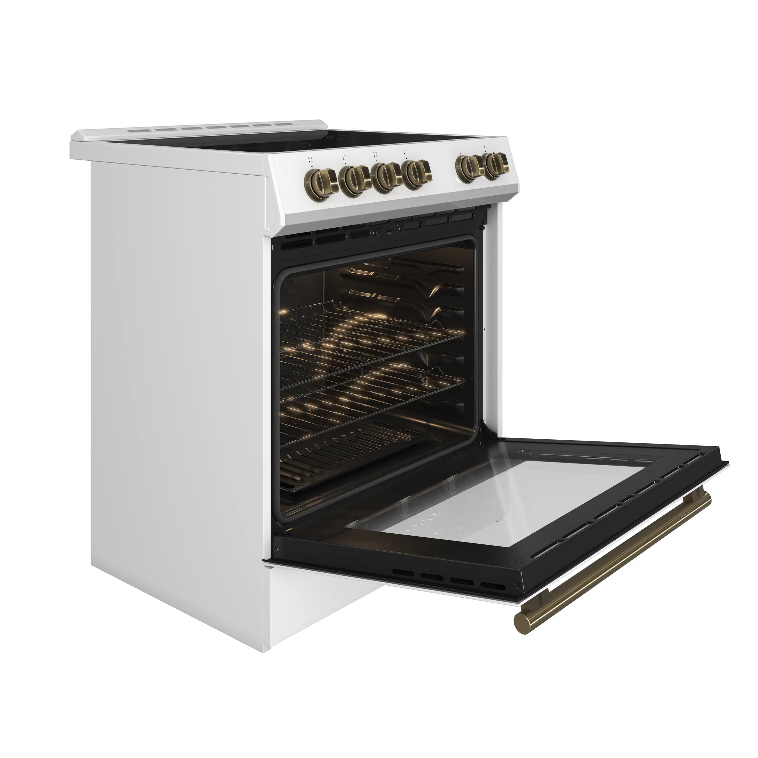 Electric range with open oven door showing interior racks and open lower compartment