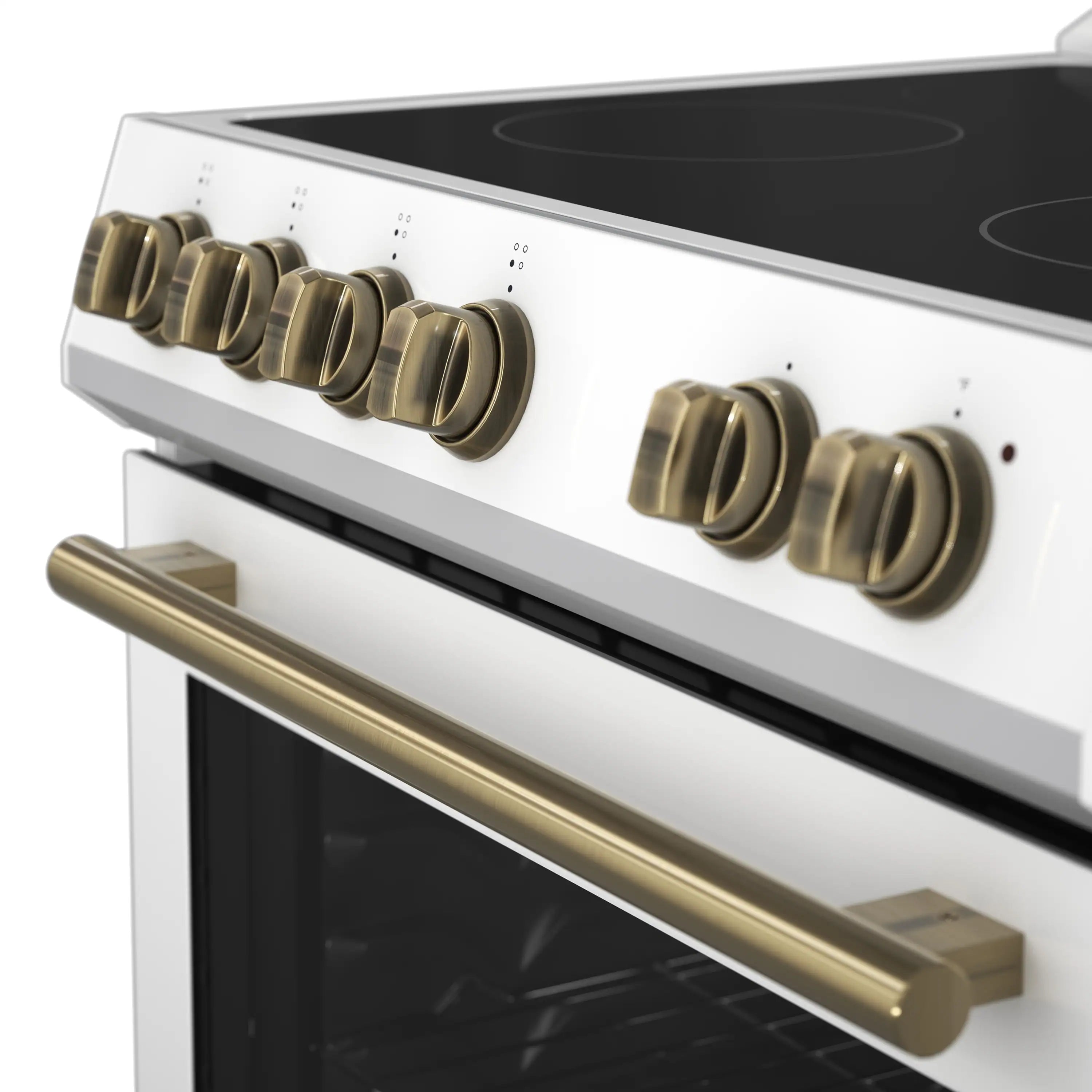 Electric range control panel with brass knobs and long brass oven handle