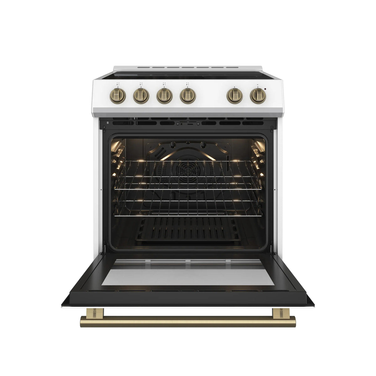 White electric range with open oven door and brass knob controls
