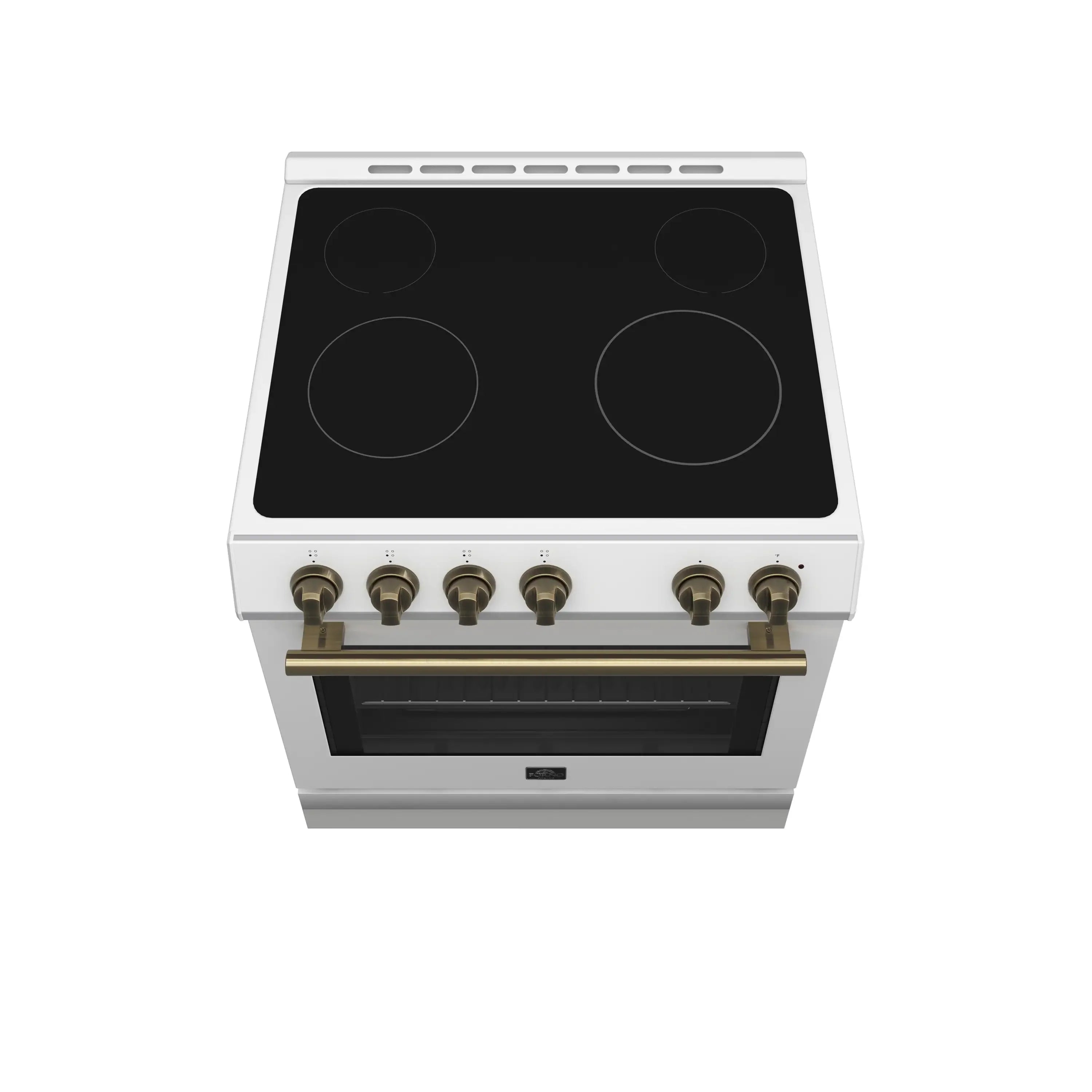 White electric range with black ceramic cooktop and brass control knobs along the front panel