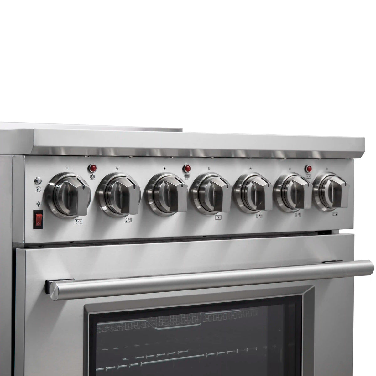 Stainless steel electric range front with five burner knobs and oven door window