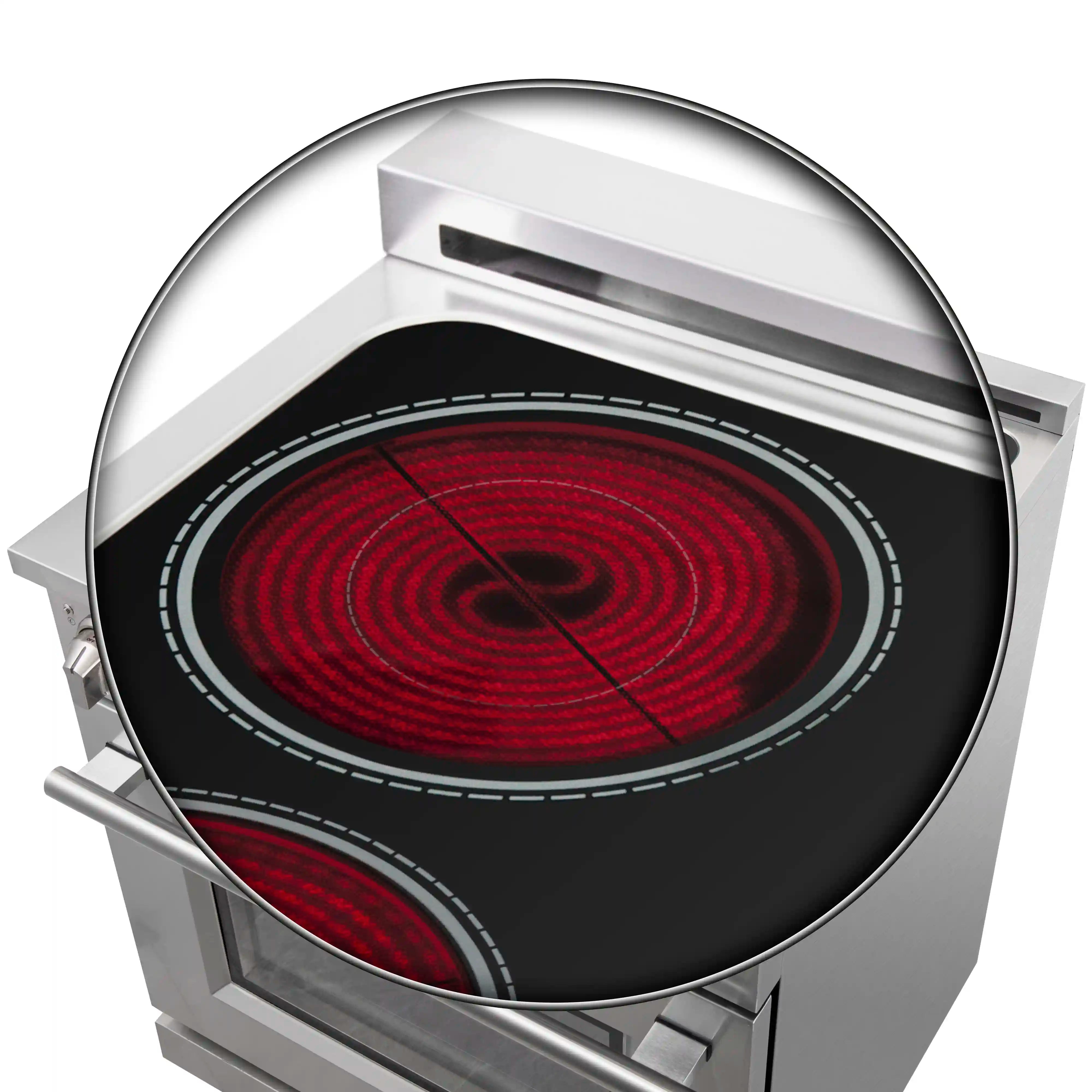 Electric cooktop burner with red coil heating element graphic on black glass