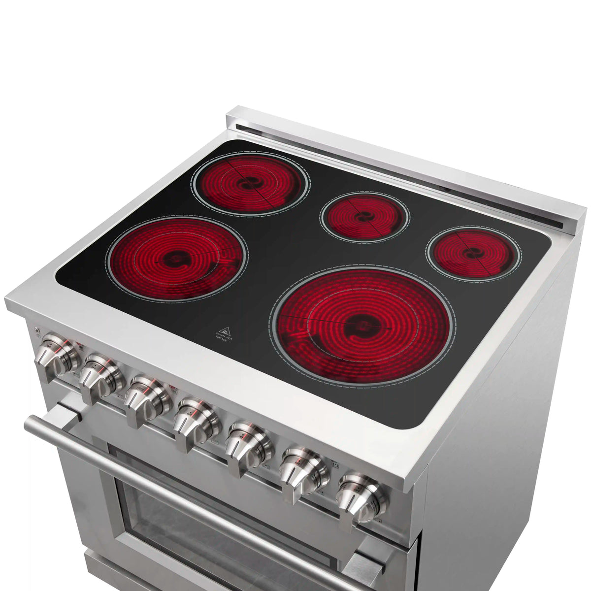 Stainless steel electric cooktop with six red coil burners