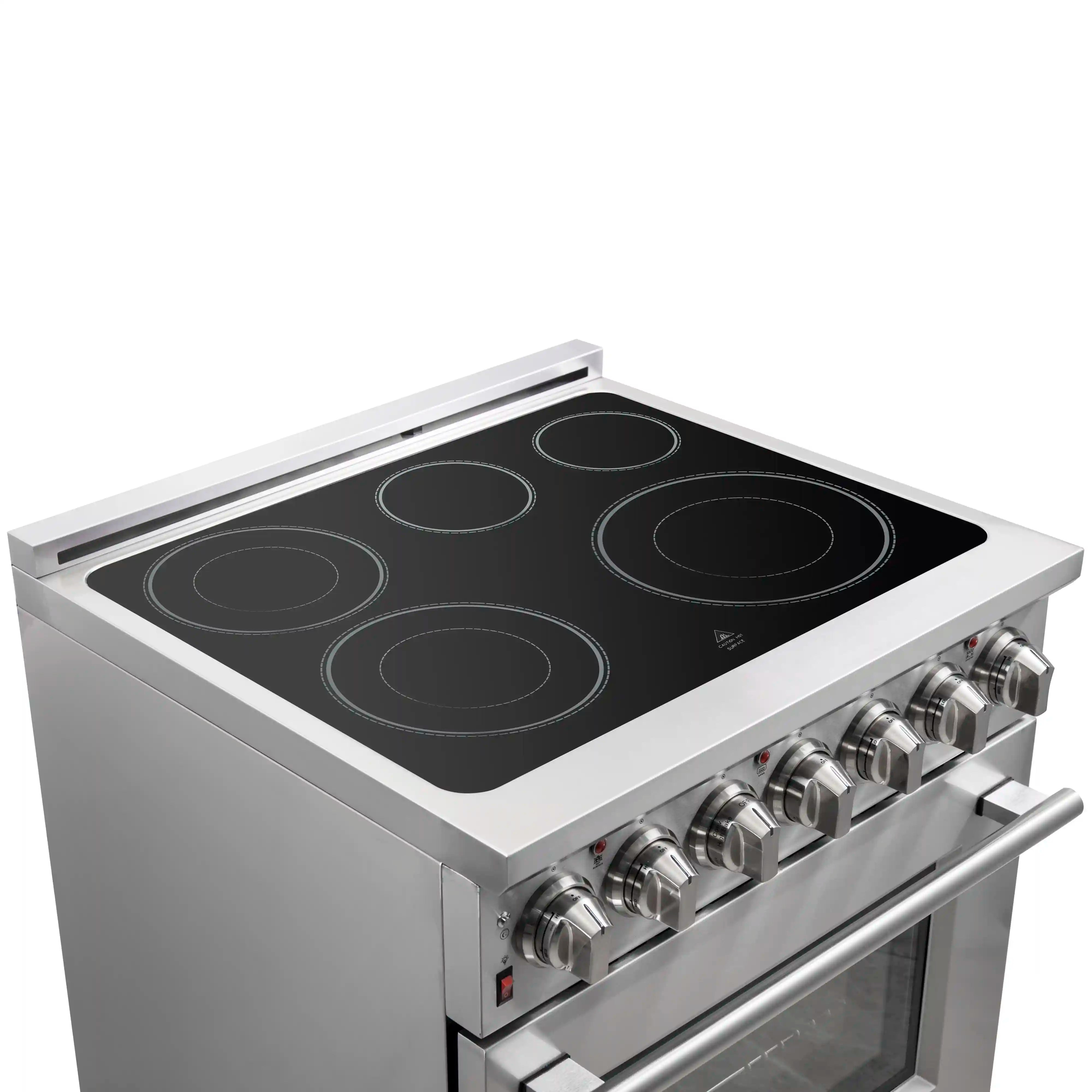Stainless electric range cooktop with five black ceramic coil burners and control knobs