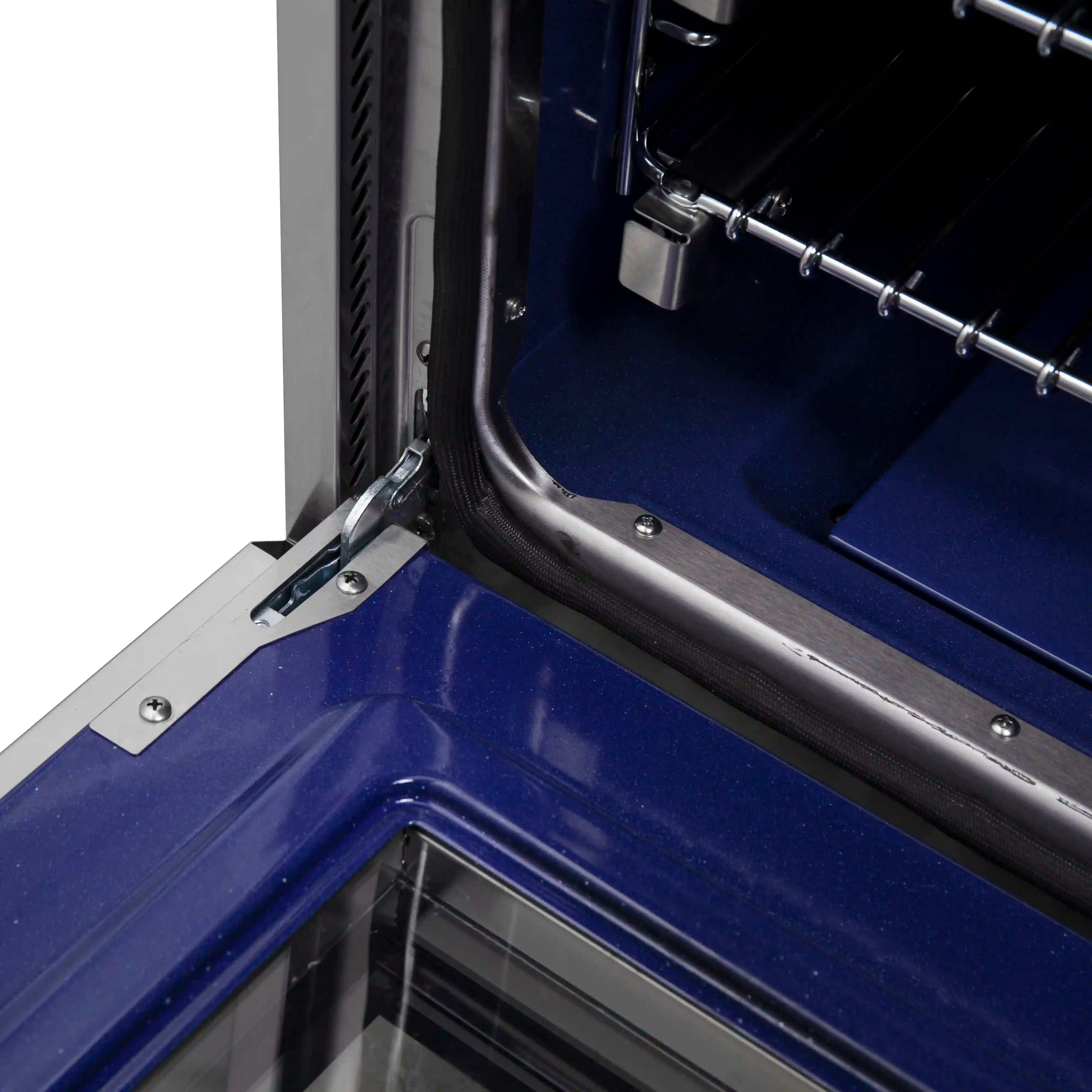Electric range oven interior with blue enamel base and metal rails