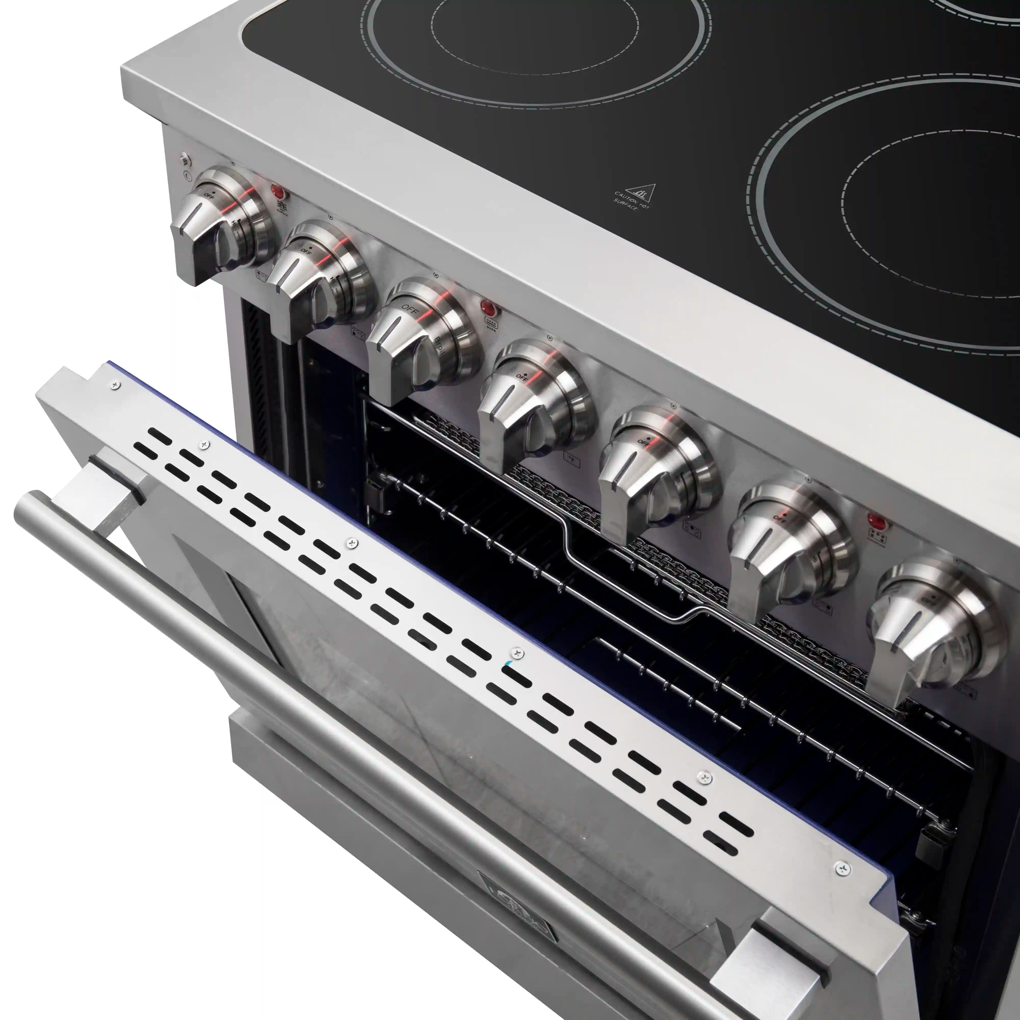 Electric range control panel with six stainless knobs beside black cooktop burners