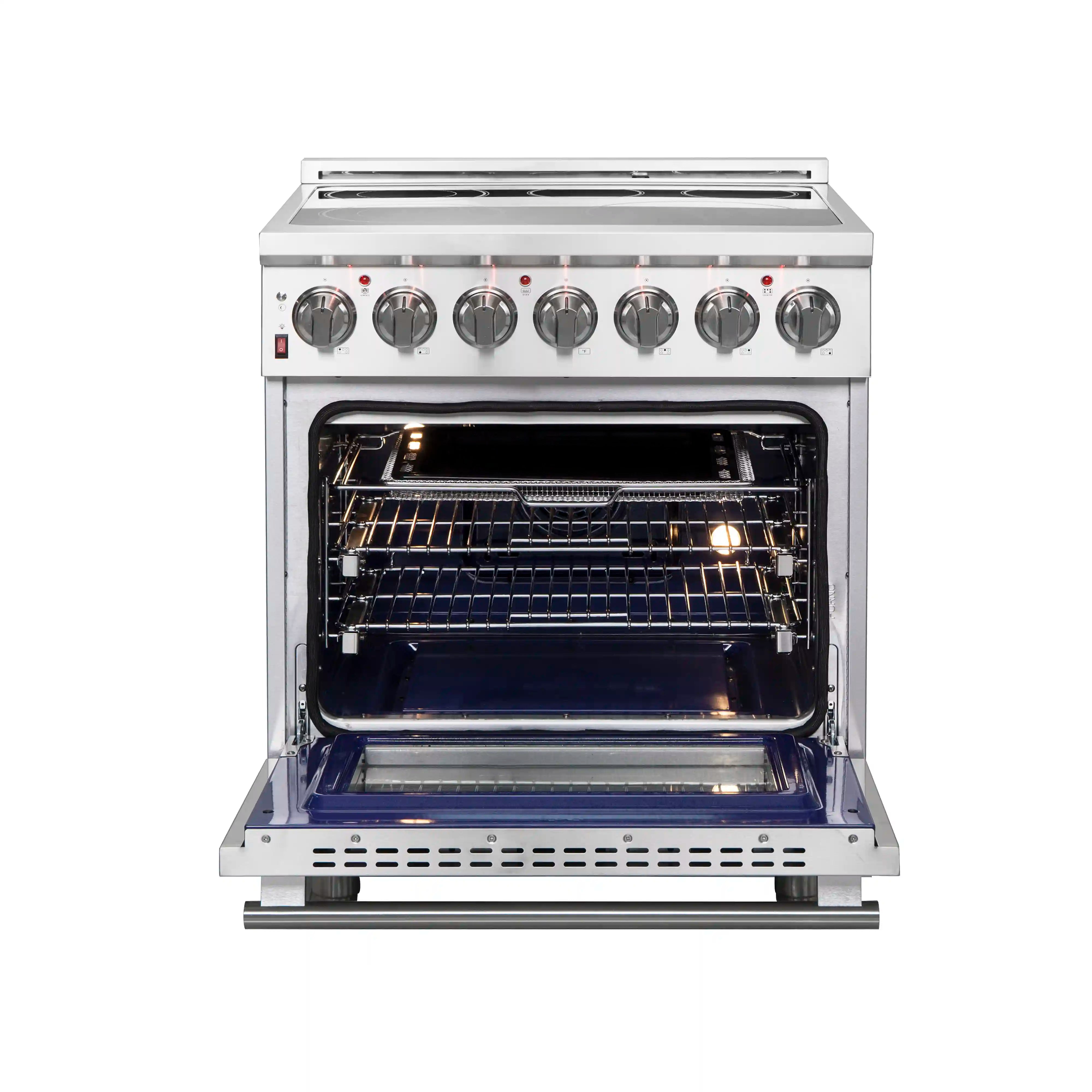 Stainless electric range with open oven door and illuminated oven interior