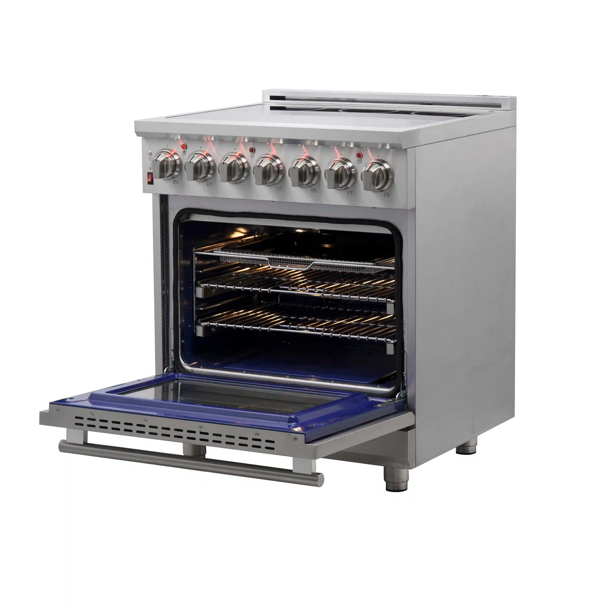 Stainless steel electric range with oven door open and heating elements visible