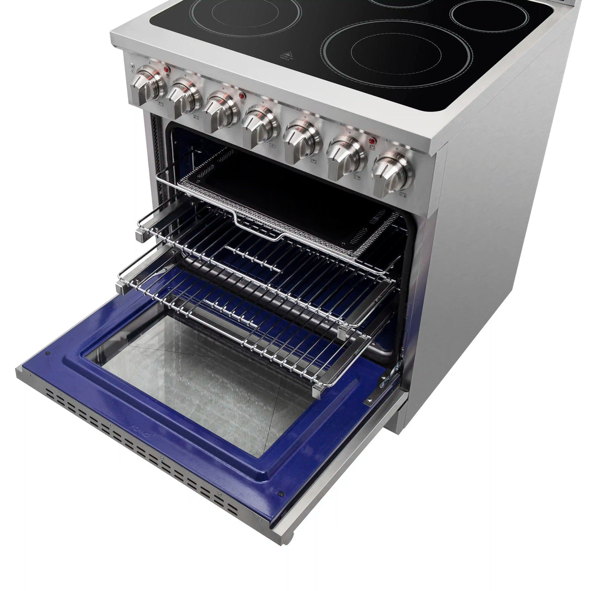 Stainless steel oven with open door, blue enamel interior, and wire racks