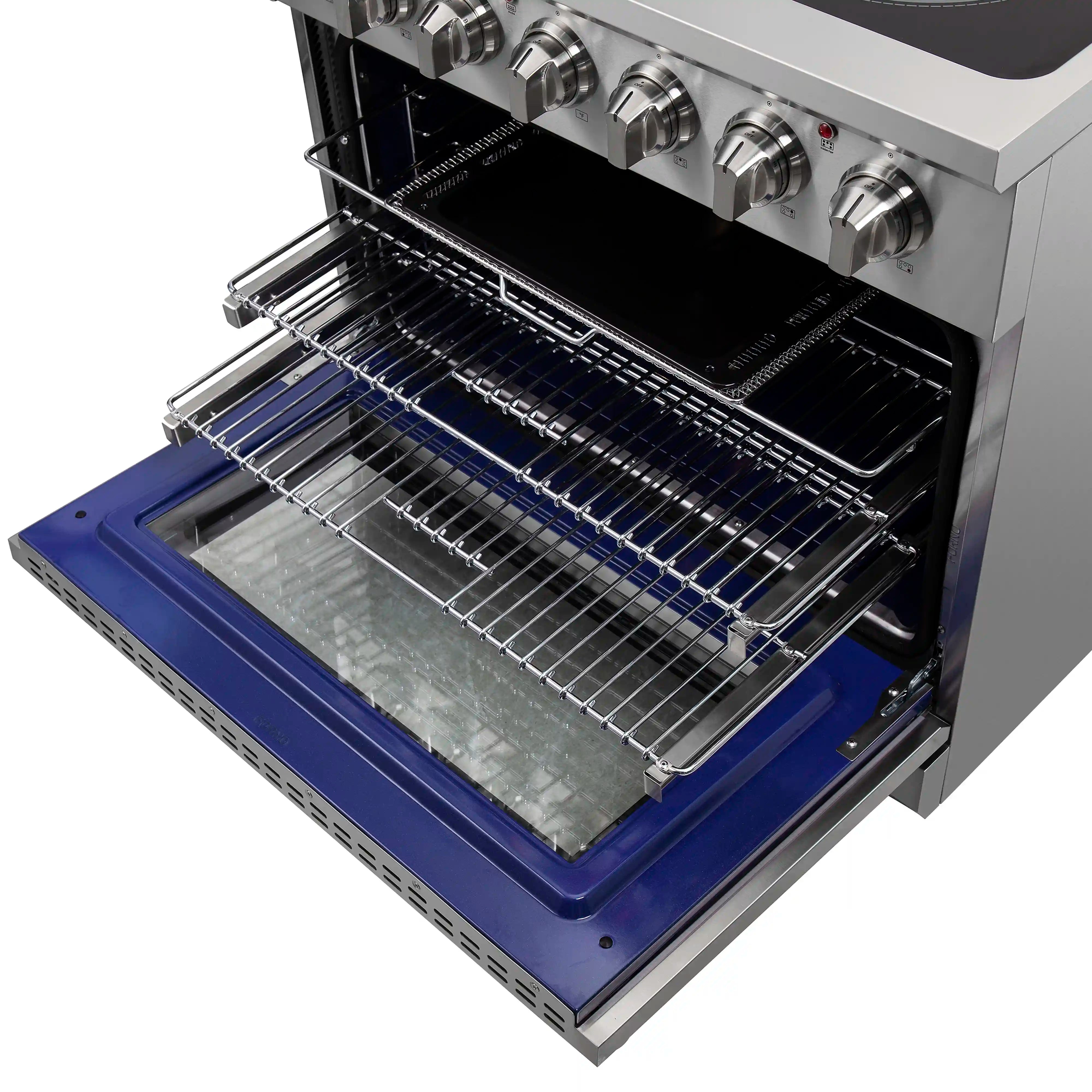Electric range oven close-up with open door, racks, and blue baking tray
