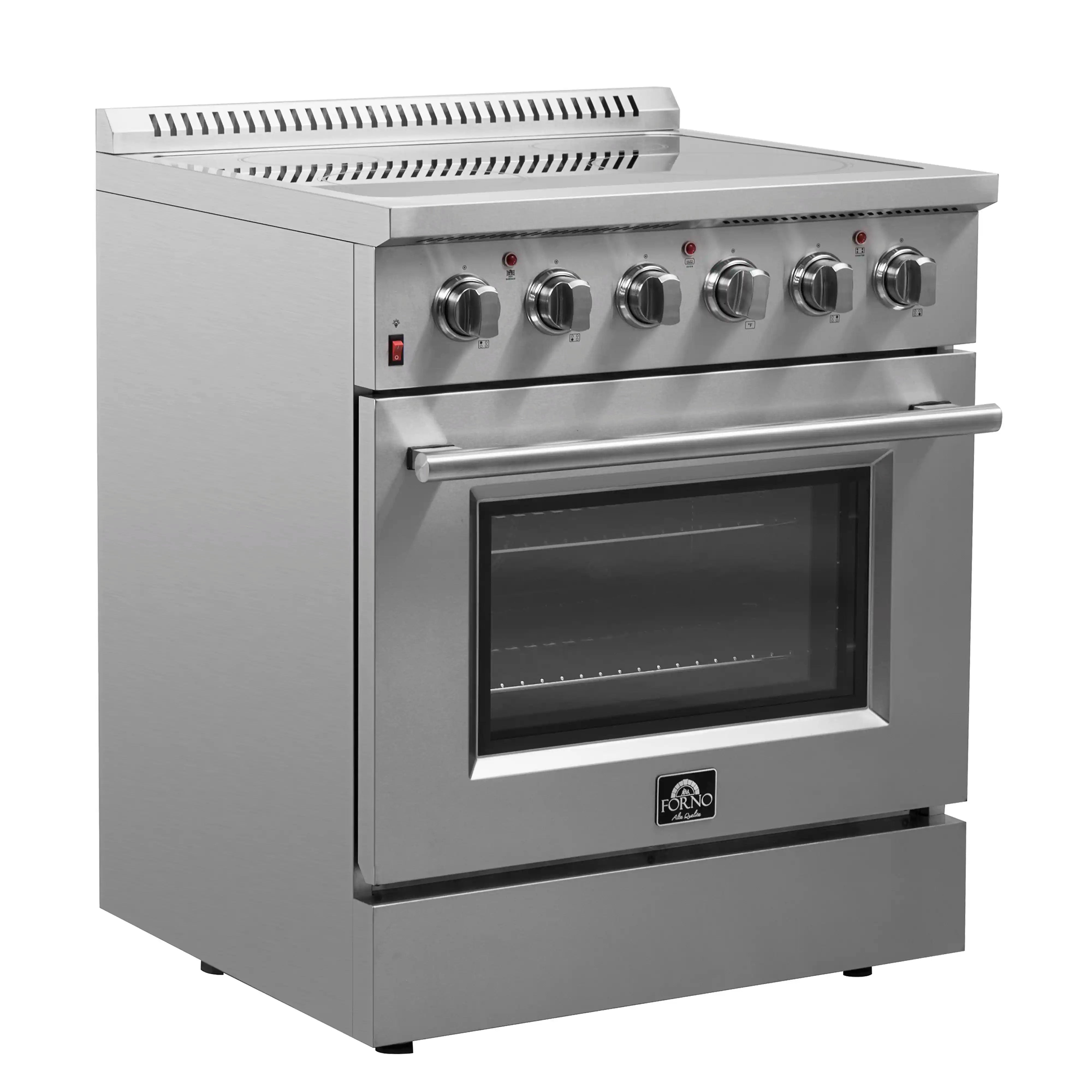 Stainless steel electric range with side profile, control knobs, and windowed oven door