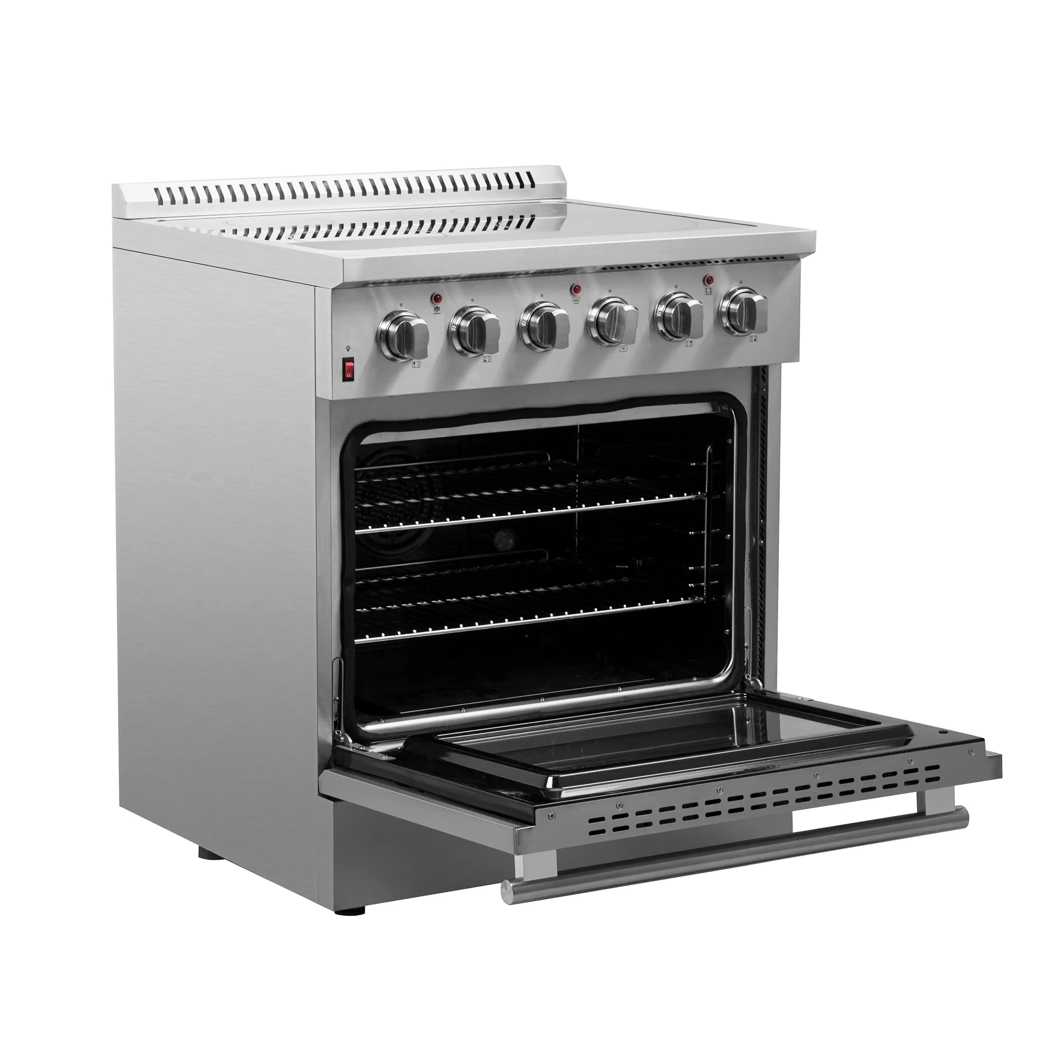 Stainless steel electric range with open oven door and interior baking rack