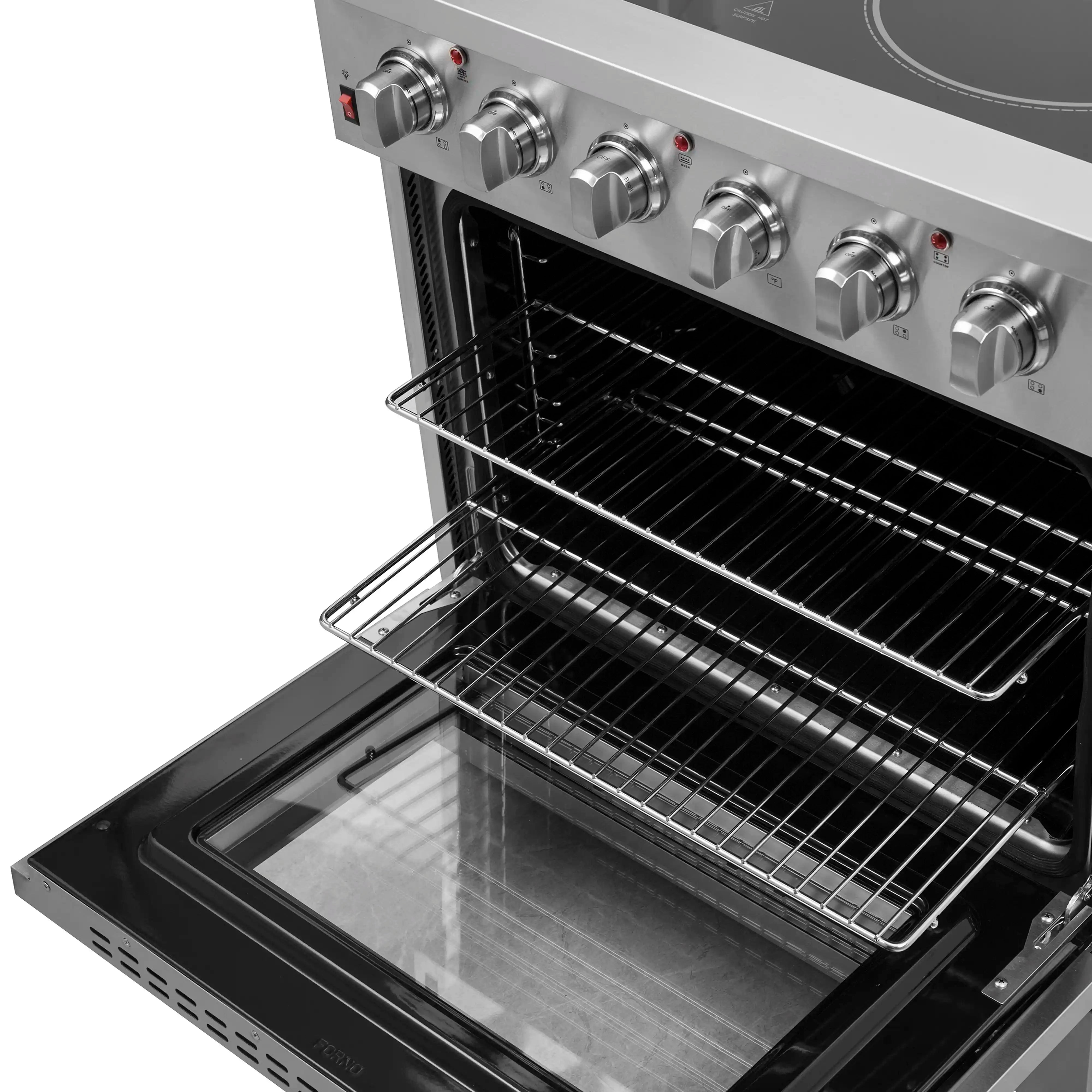 Open oven door of stainless steel electric range showing two wire racks