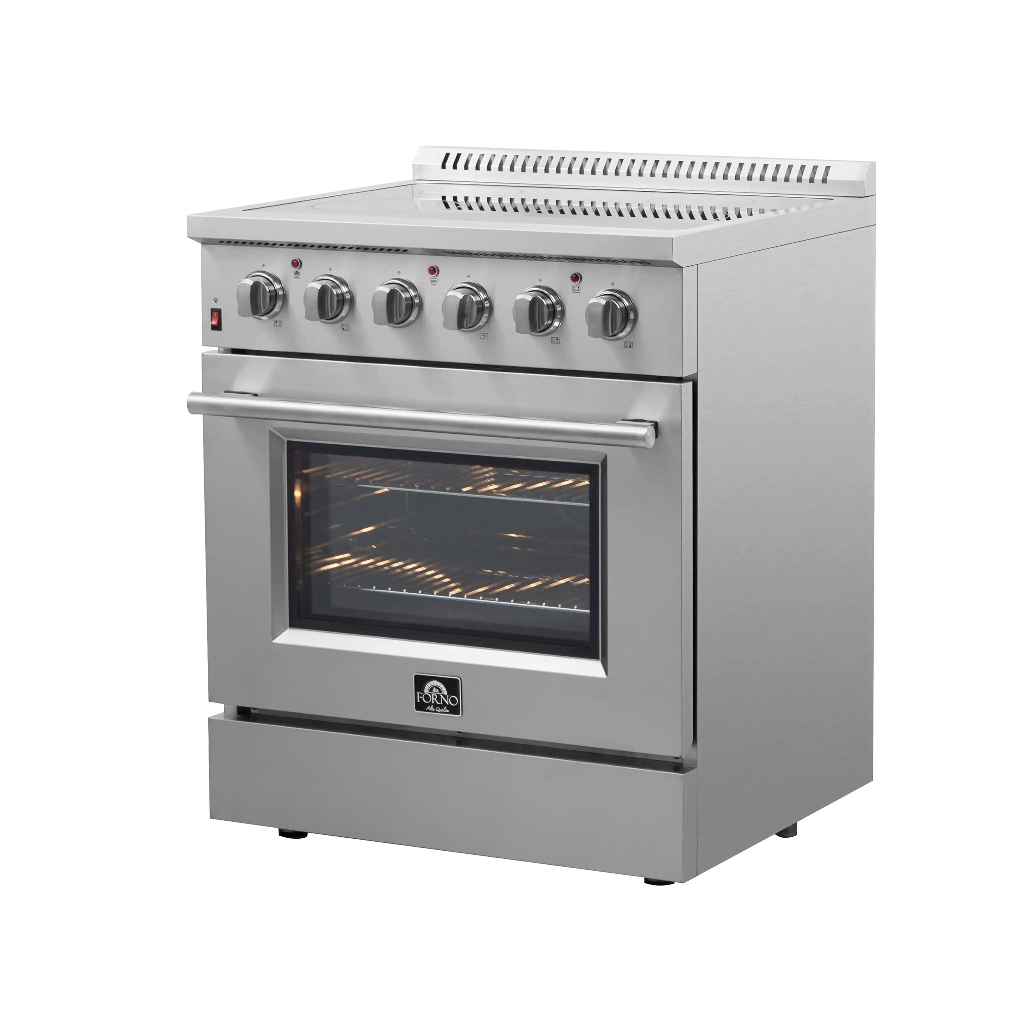 Stainless steel electric range with lit oven interior and front oven window