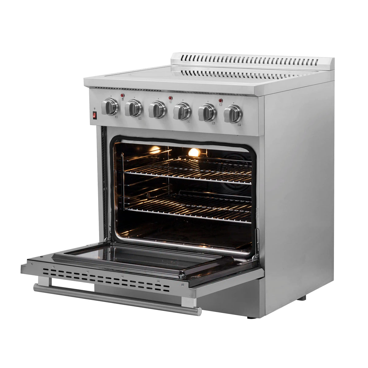 Stainless steel electric range with open oven and illuminated convection bake interior