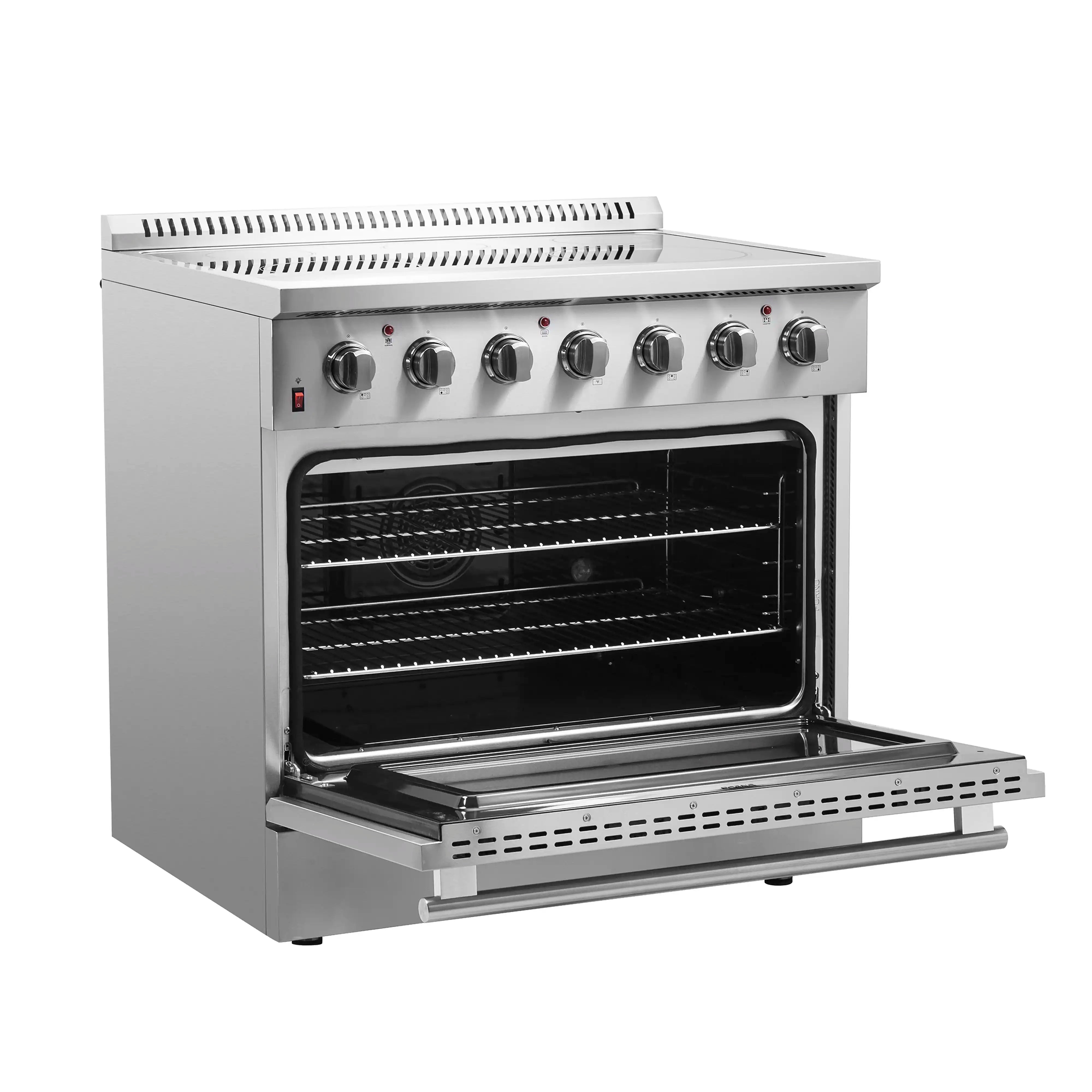 Stainless steel electric range with oven door open and removable broiler rack extended.