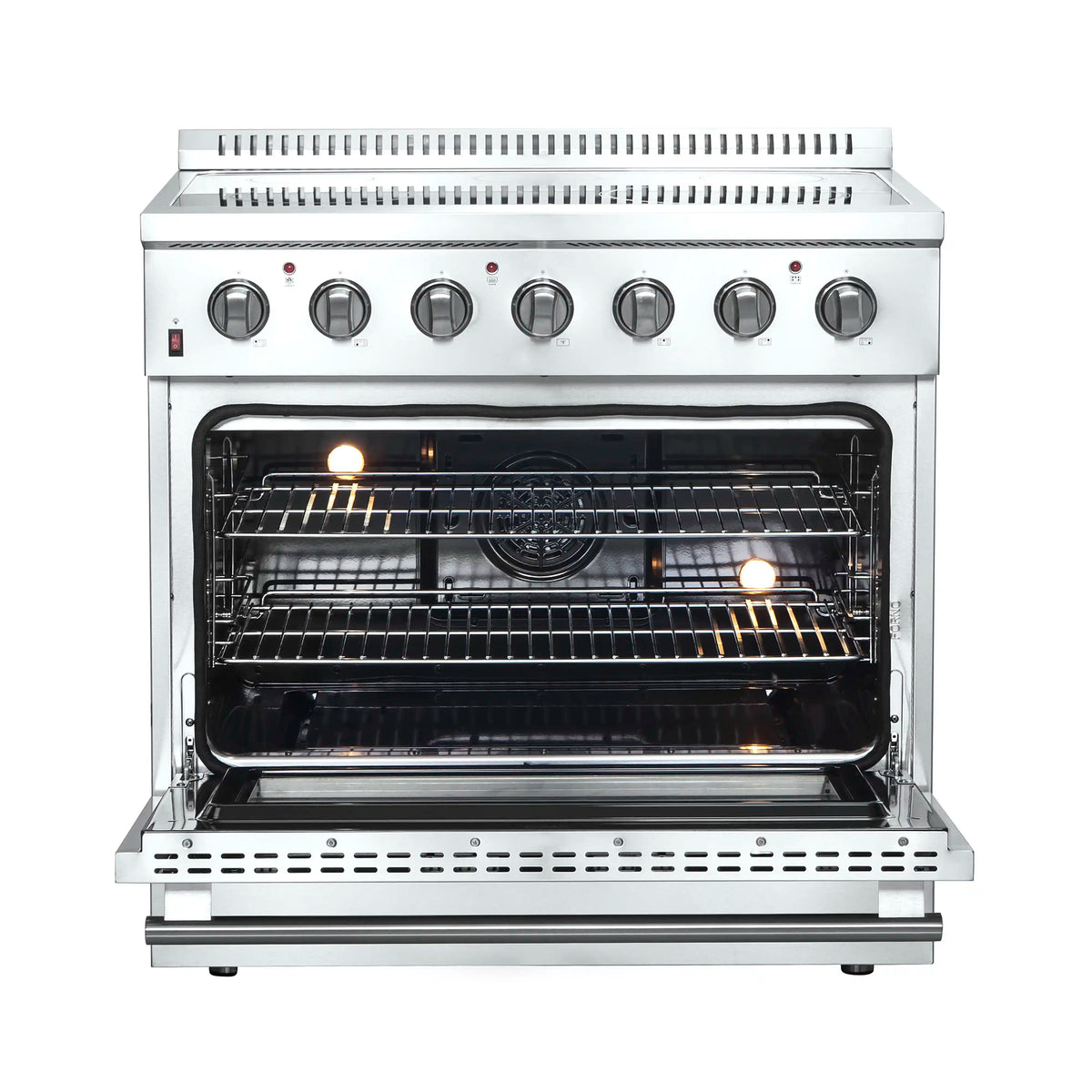 Stainless steel electric range with open oven door and visible wire oven racks