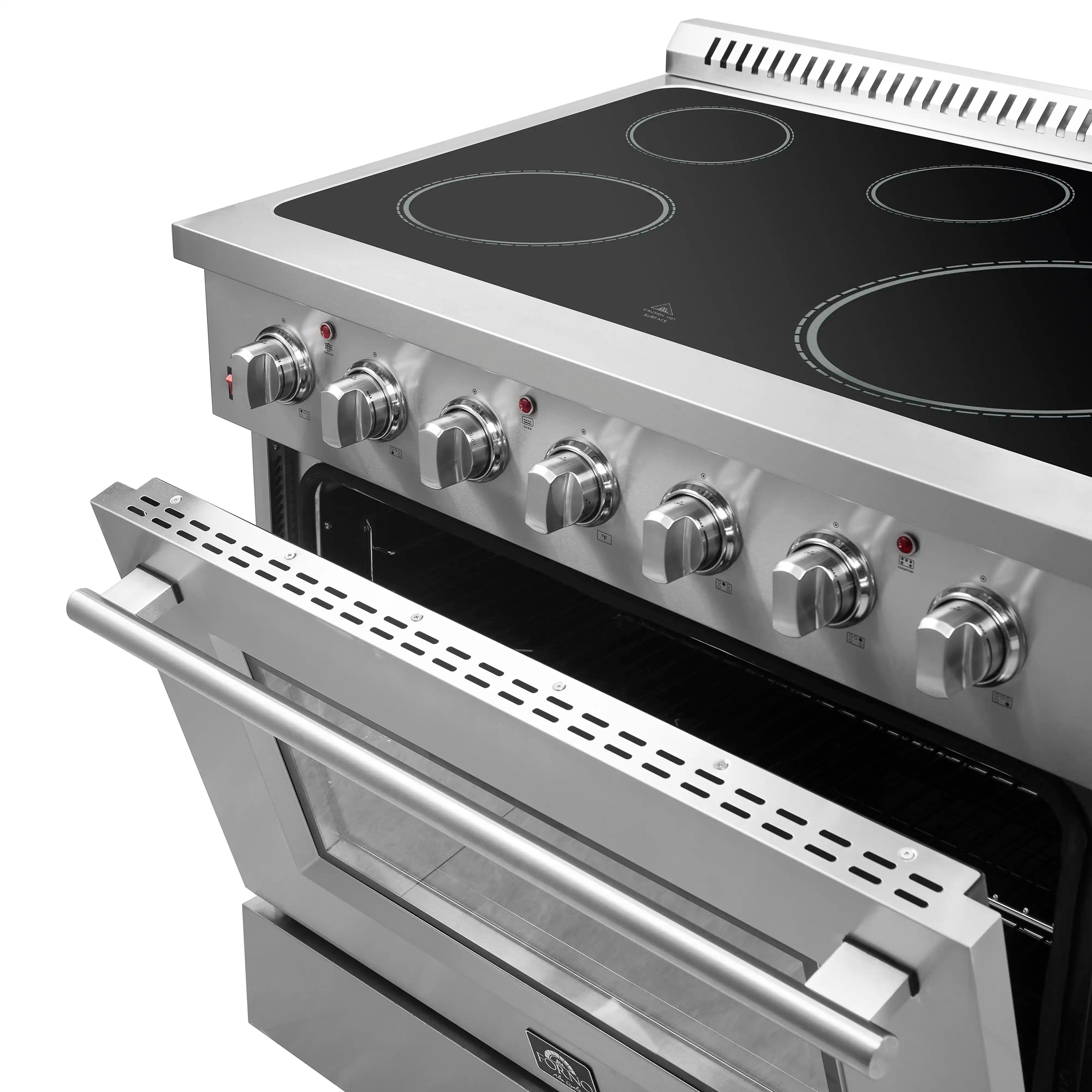 Stainless steel electric range close-up of control knobs and black cooktop surface.