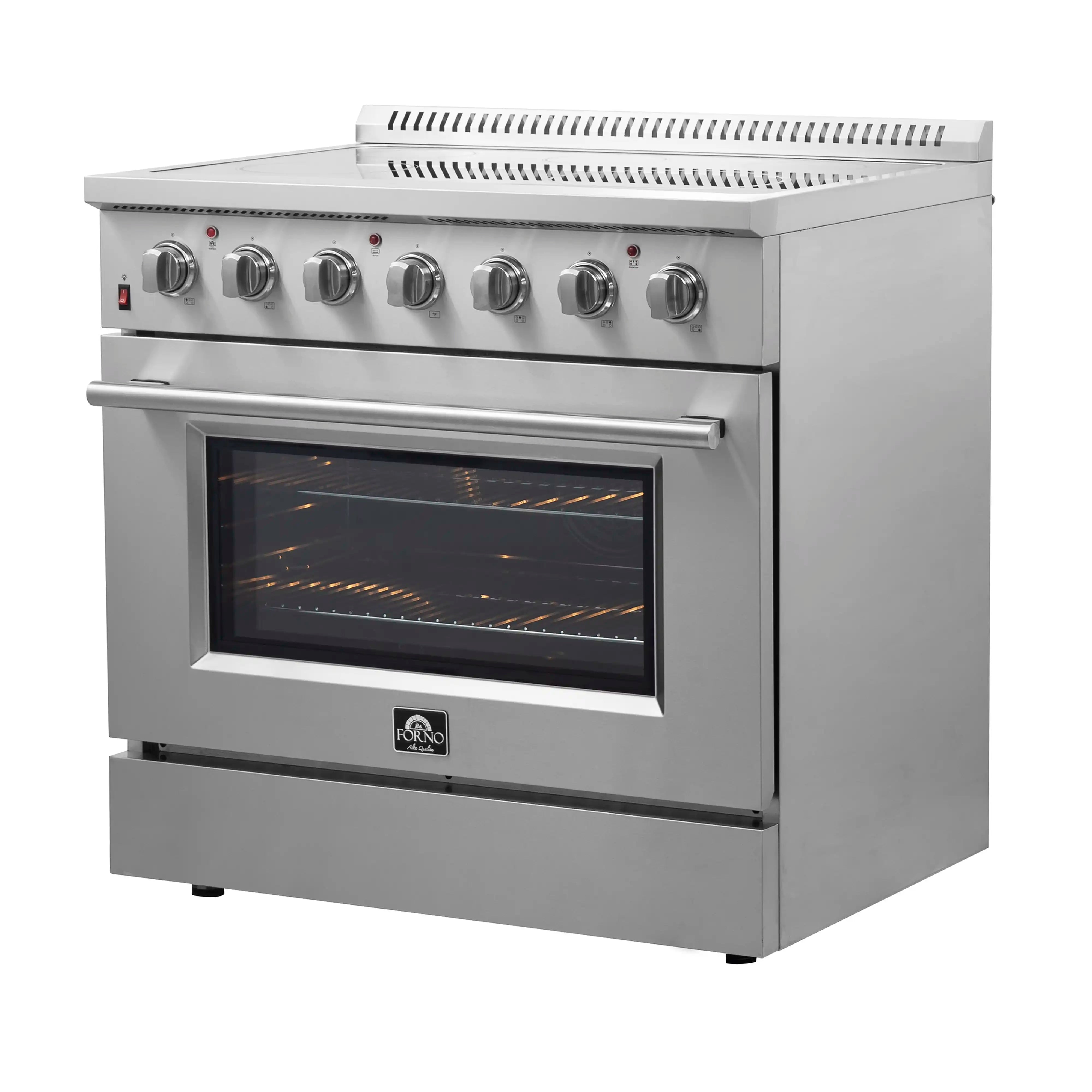 Stainless steel electric range 3/4 view with lit oven window and control panel knobs.