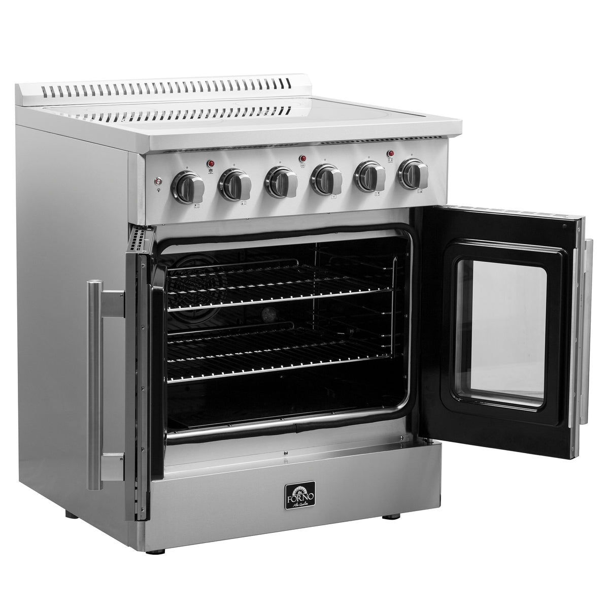Stainless steel electric range with open oven door, visible racks and controls