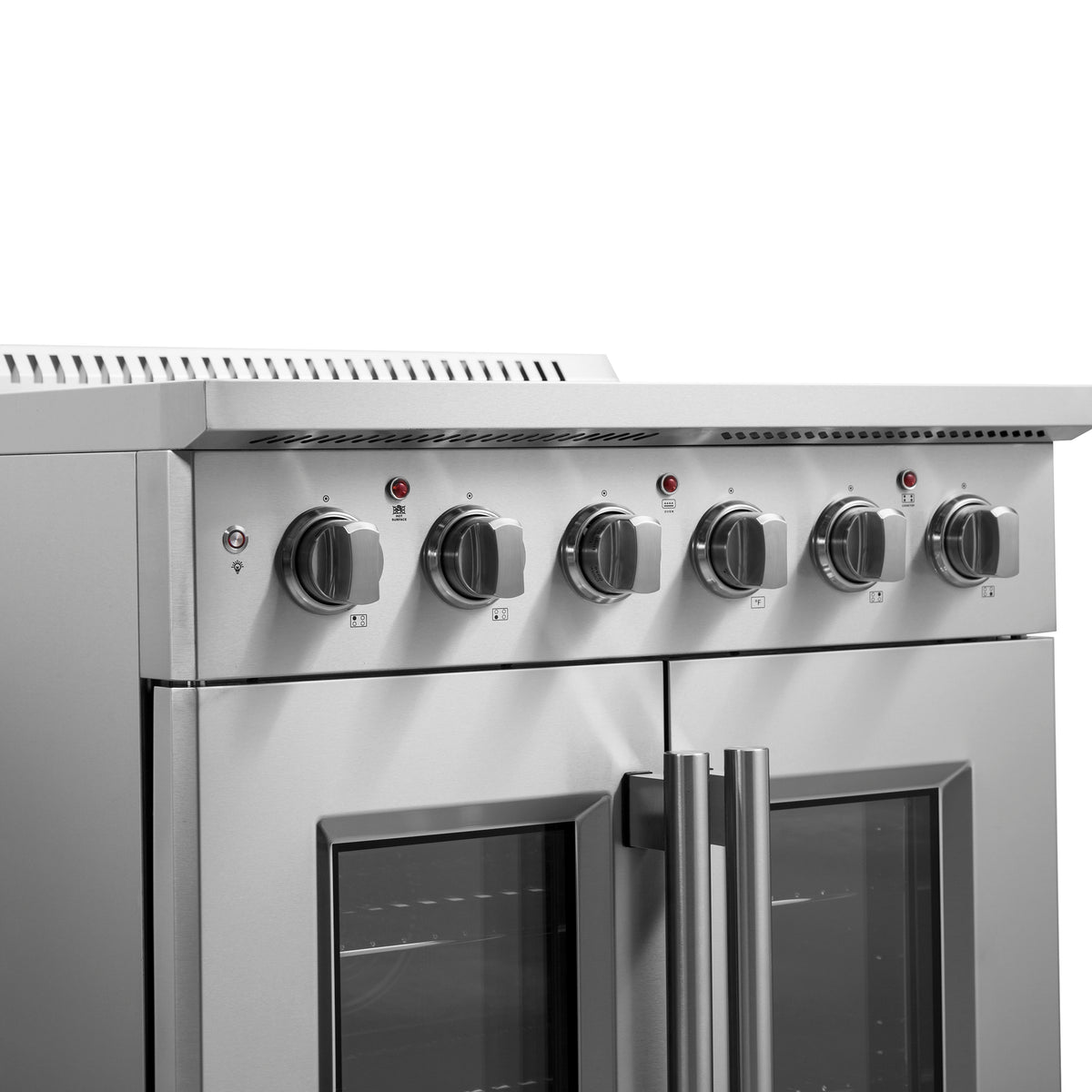 Stainless steel electric range control panel with six knob burners