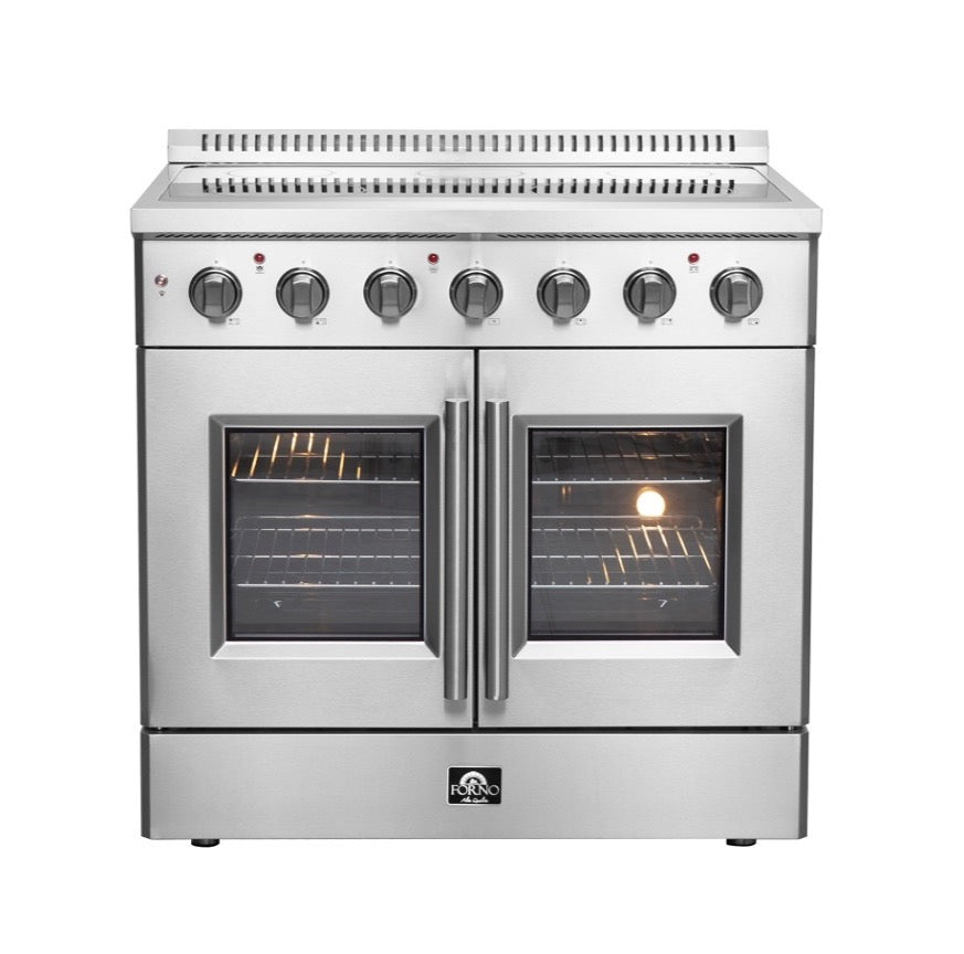 Stainless electric French door range with two oven doors and top control knobs