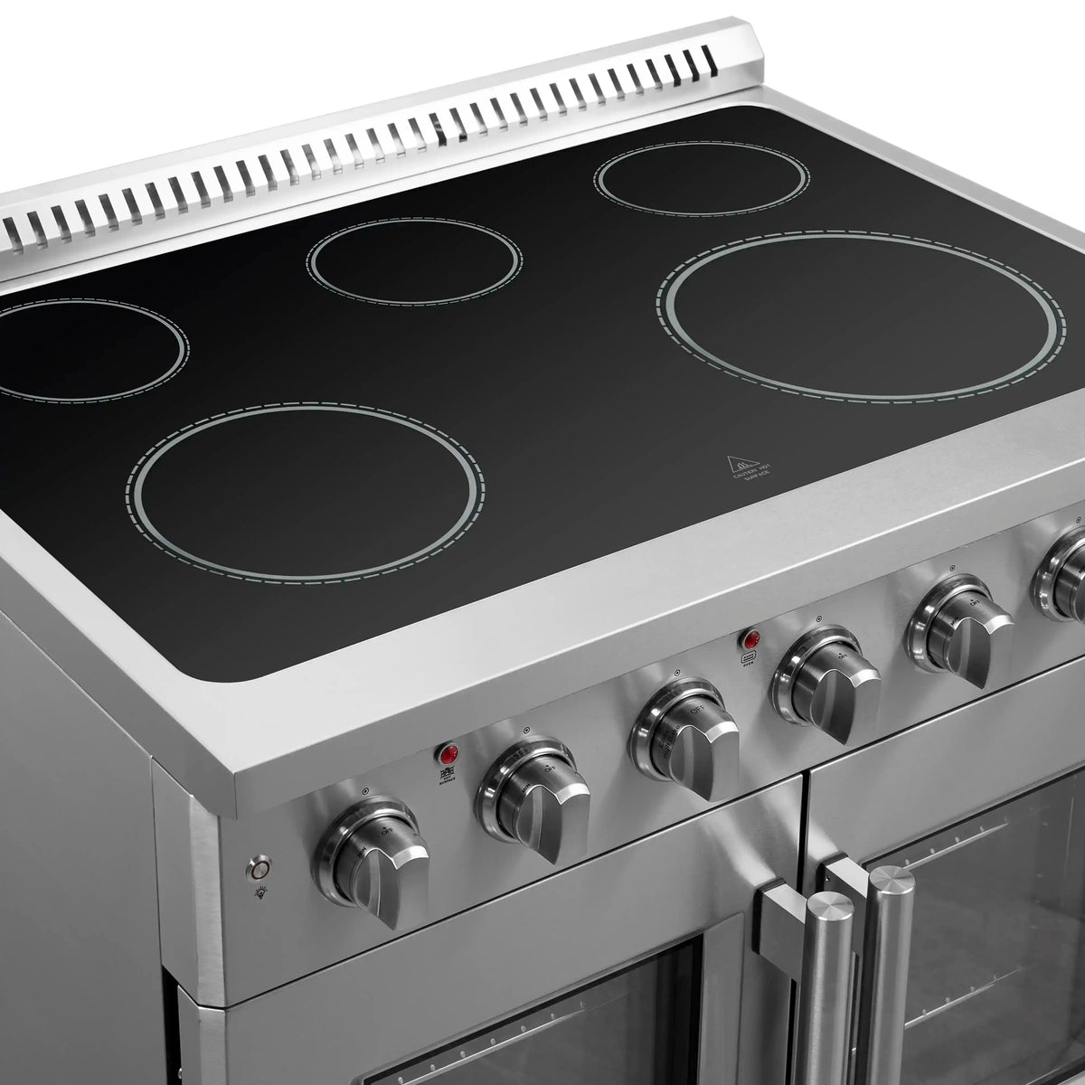 Stainless electric cooktop with four smooth glass burners and front control knobs