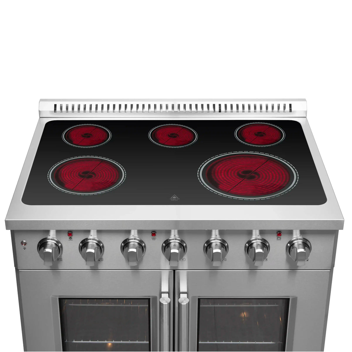 Stainless electric cooktop with six red radiant burner circles