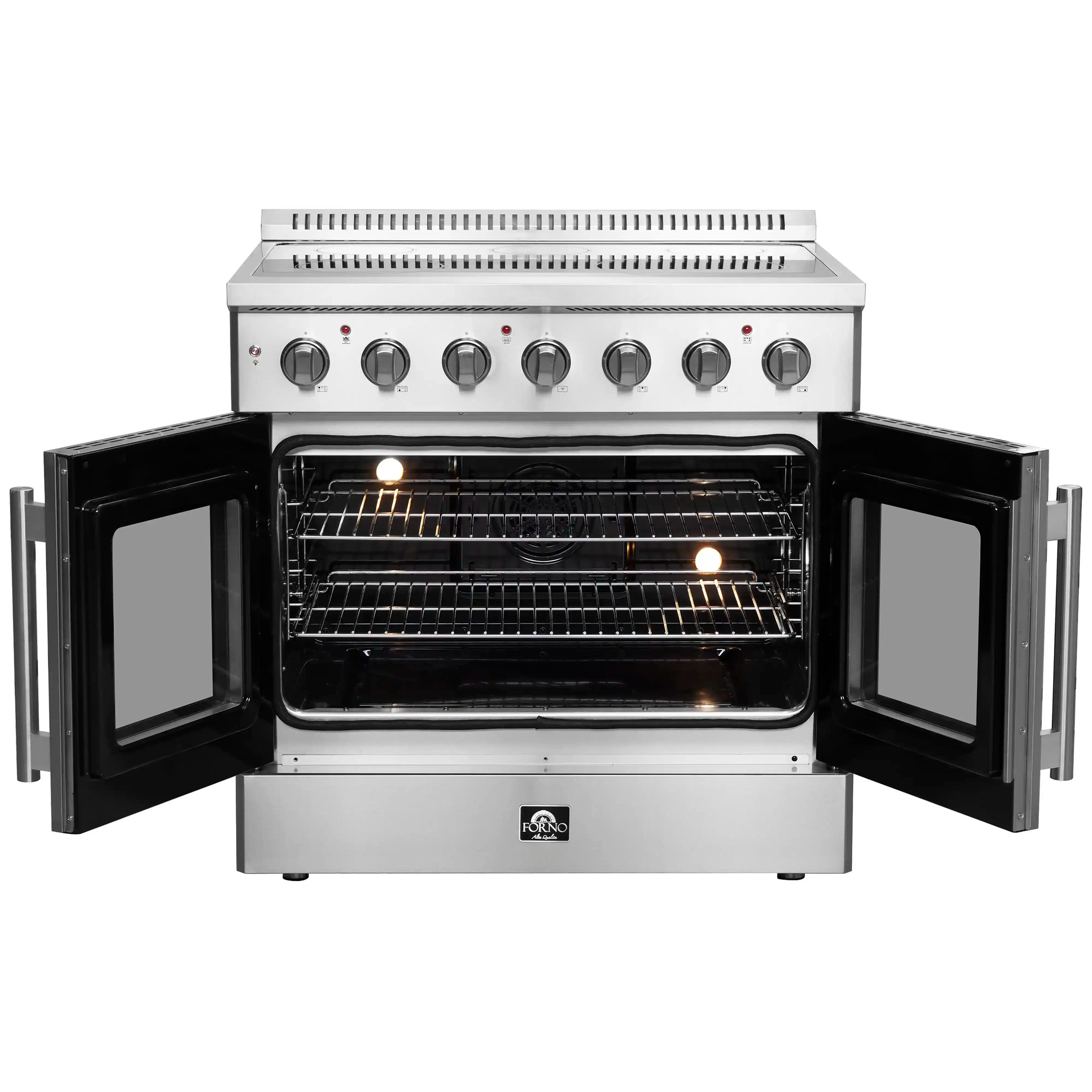 Electric French door range with oven open and wire rack inside