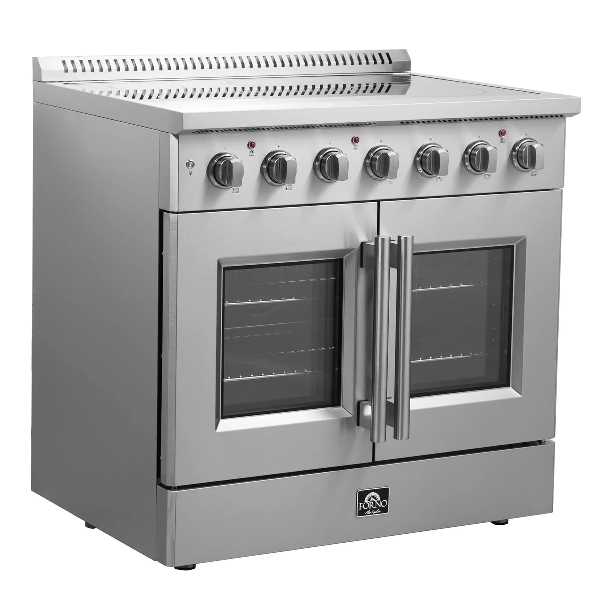Stainless electric French door range with two windowed oven doors