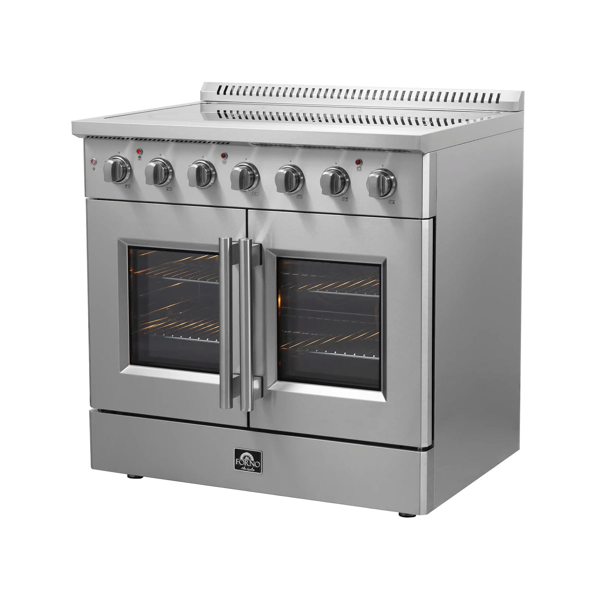 Stainless French-door electric range with two closed oven doors and control panel