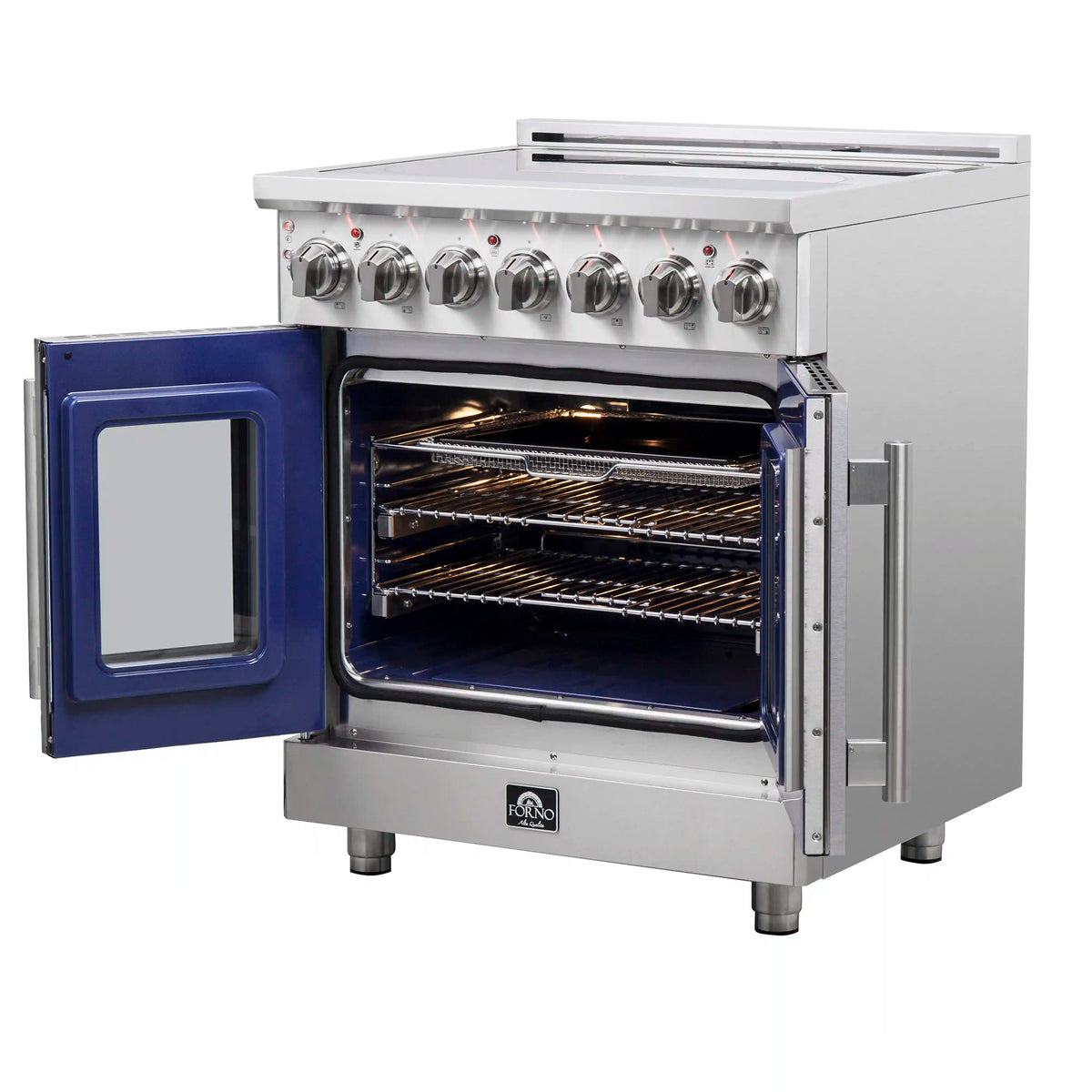 Freestanding electric range with one open oven door and illuminated interior rack