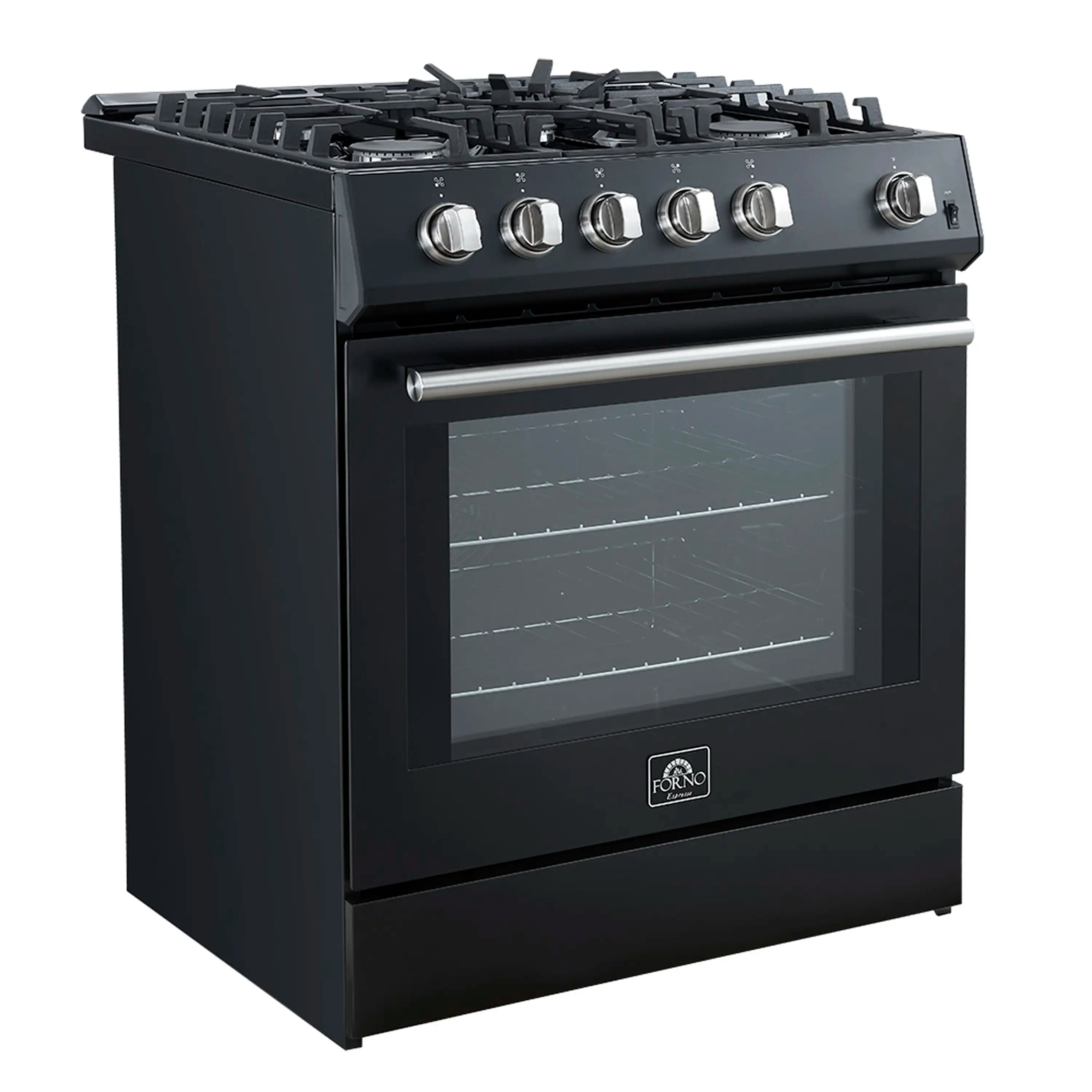 Black gas range with stainless oven door handle and control knobs