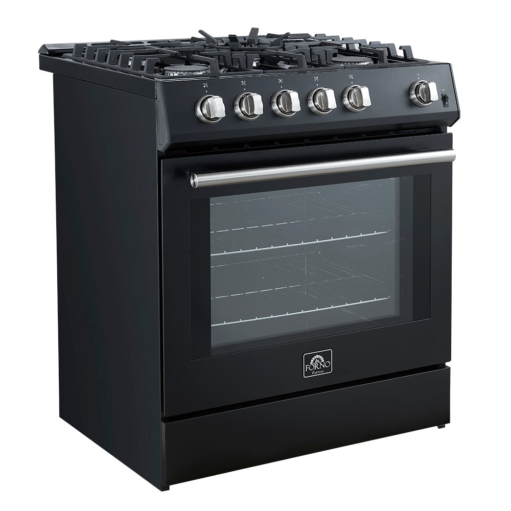 Black 30-inch gas range with stainless control panel and oven door window