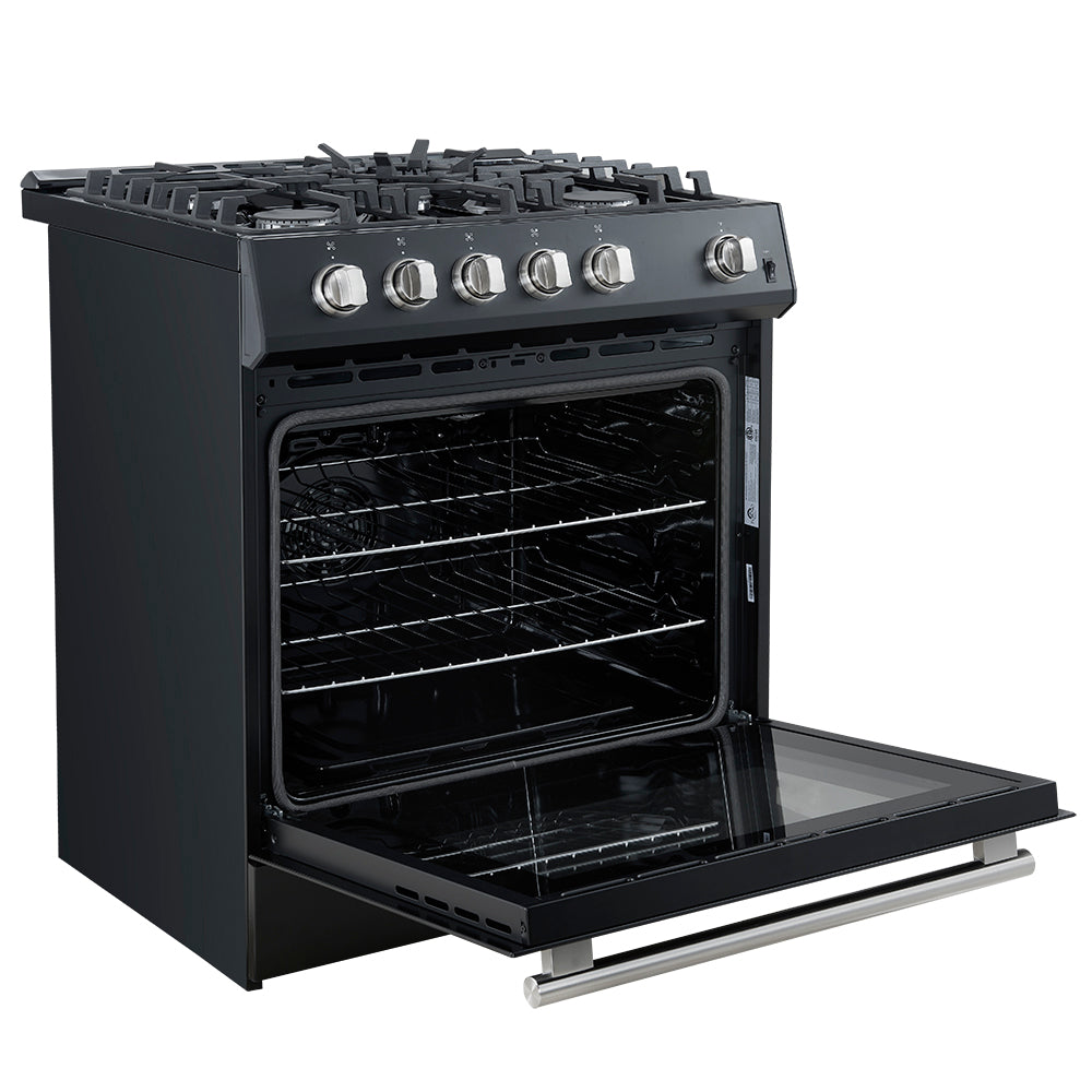 Black 30-inch gas range with open oven door and pull-out bottom door