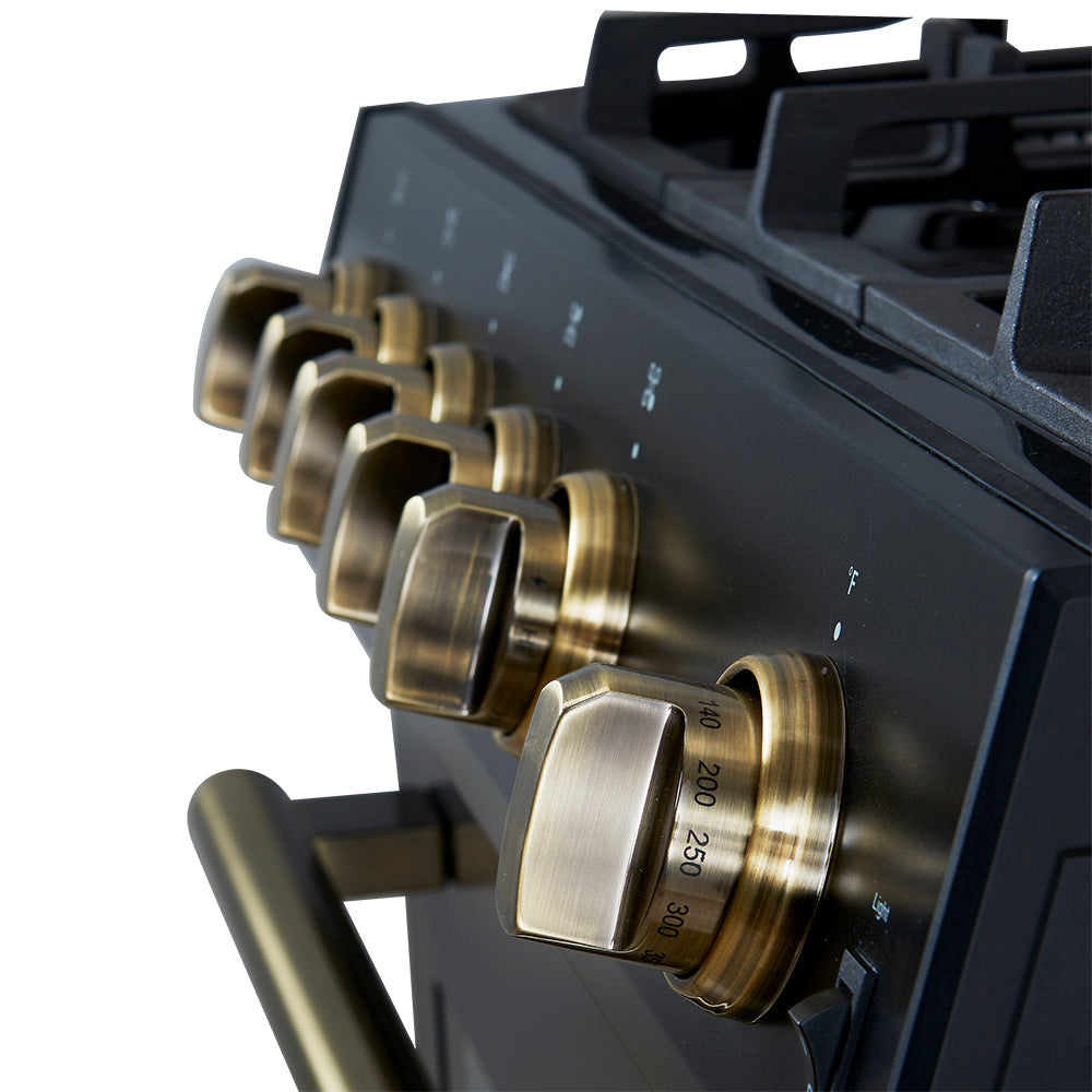 Close-up of brass-toned gas range control knobs with measurement markings.