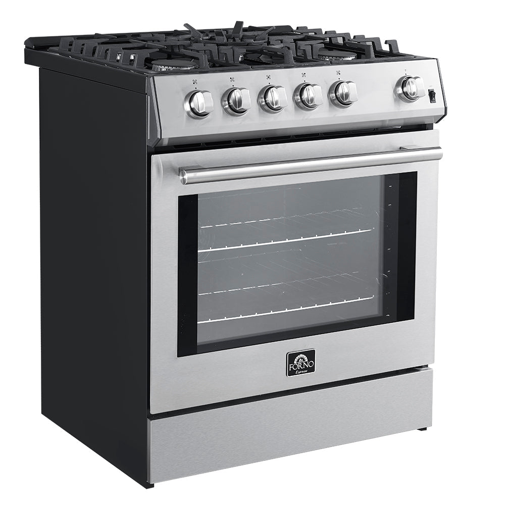 Stainless gas range with open oven door and control panel, side angle