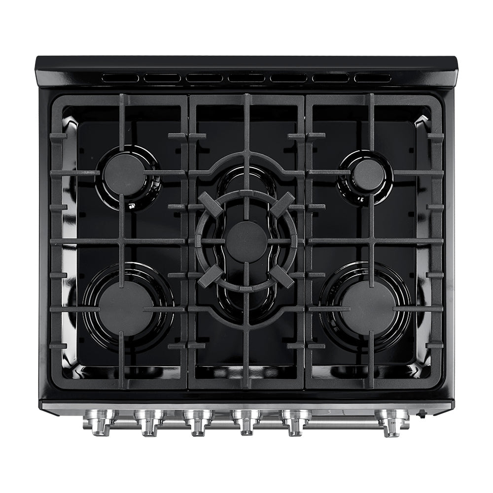 Gas range cooktop with five burner grates and black enamel surface