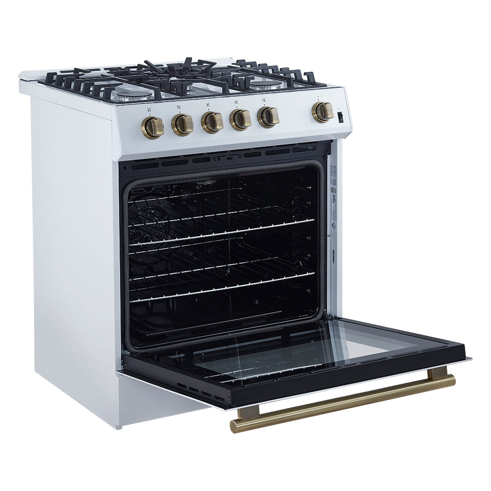 White 30-inch gas range with open oven door and antique brass handle trim
