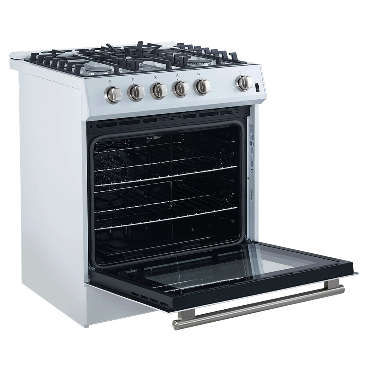 White gas range with open oven door, black interior racks, and control knobs
